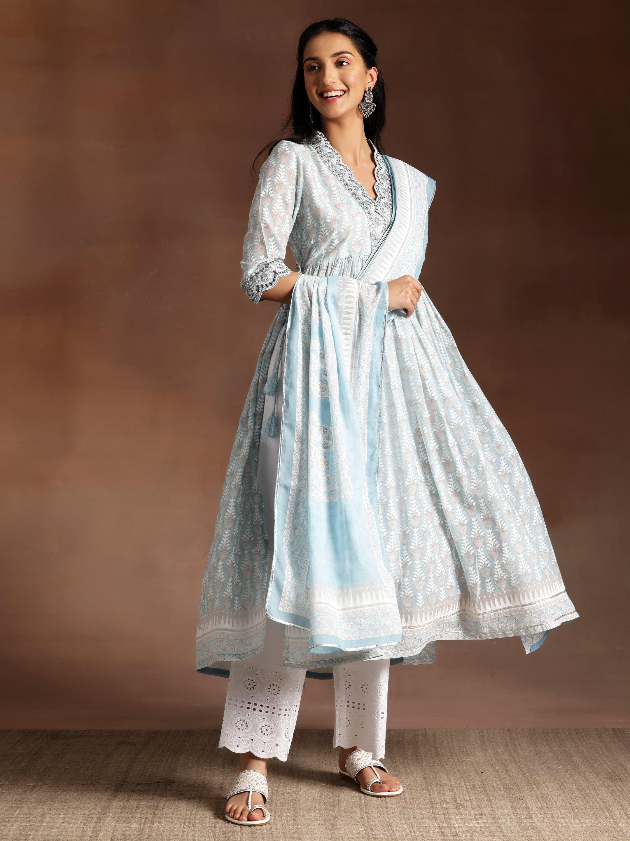 Grey Printed Cotton A-Line Kurta With Palazzos & Dupatta