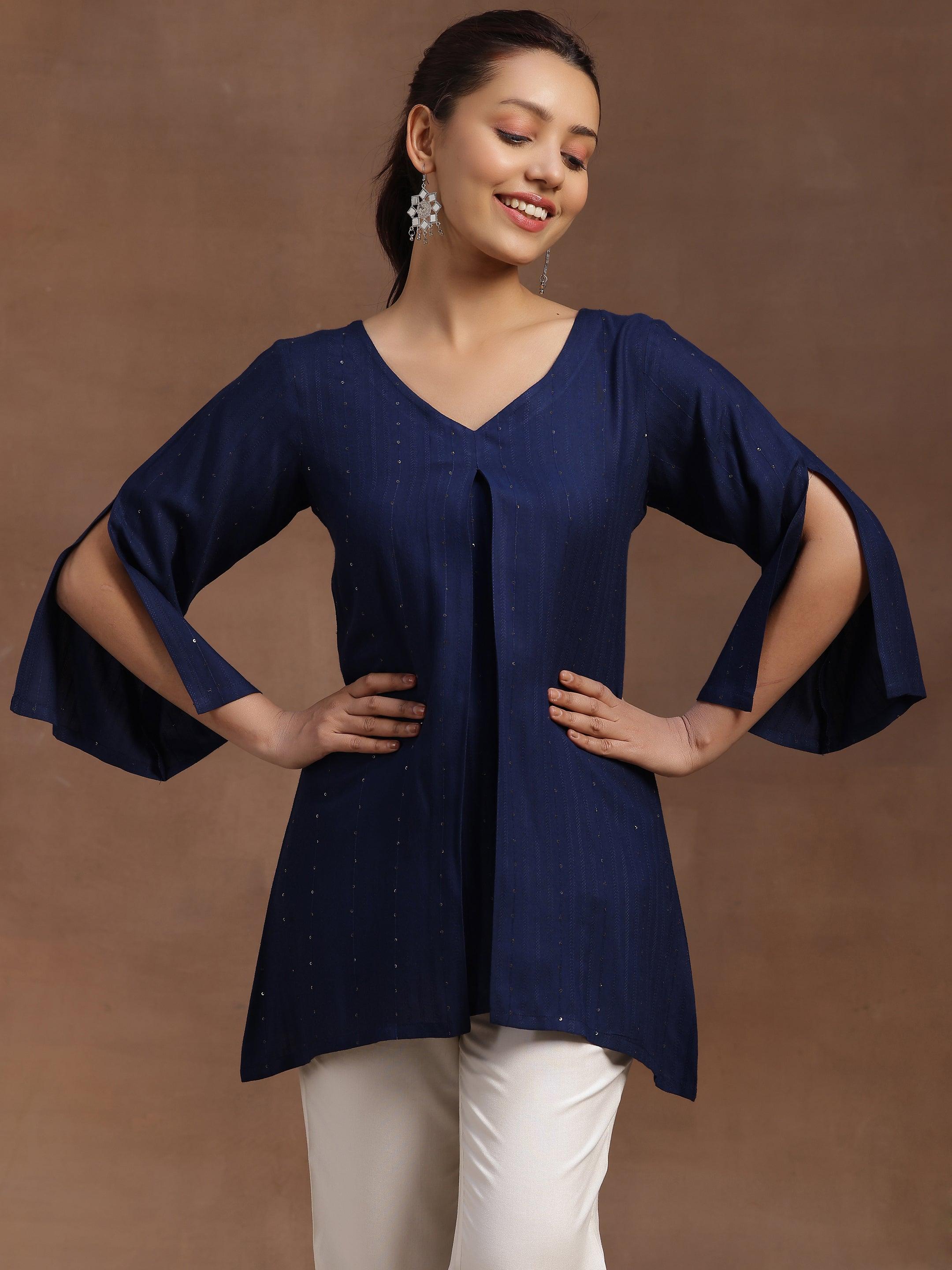 Blue Solid Cotton Blend A-line Kurti