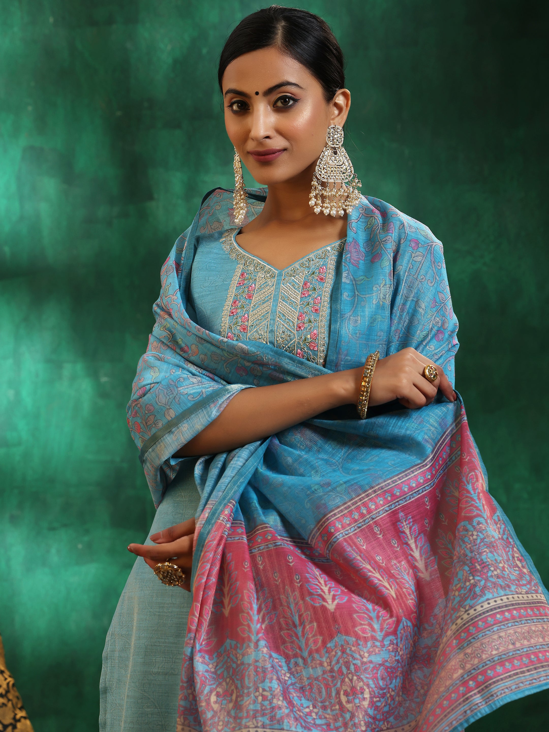 Turquoise Blue Yoke Design Silk Blend Straight Suit With Dupatta