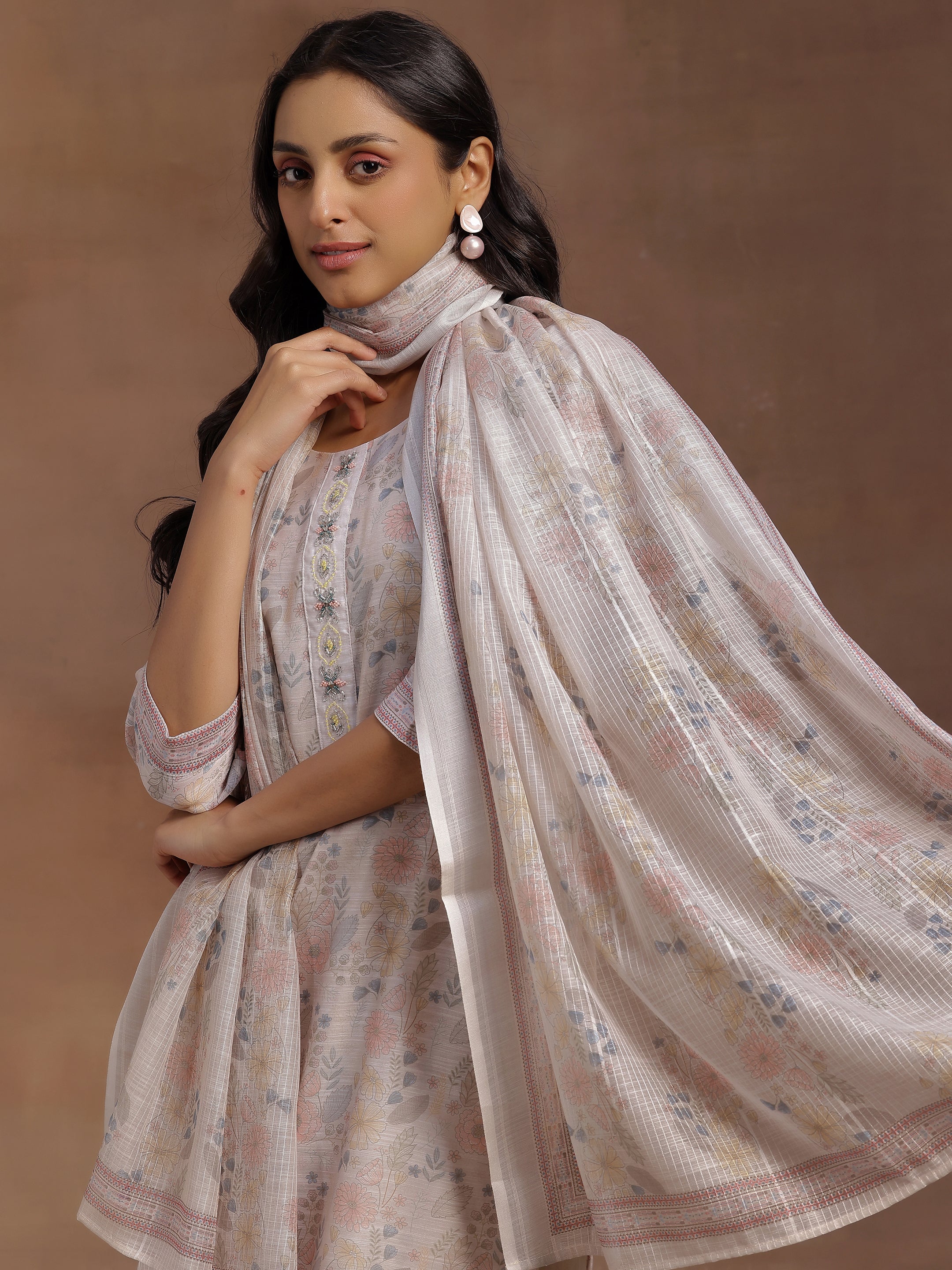 Beige Printed Chanderi Silk Straight Suit With Dupatta