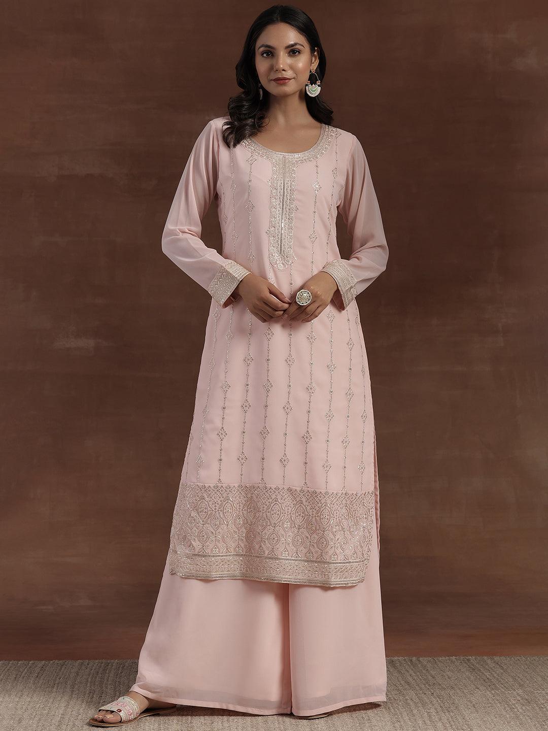 Peach Embroidered Georgette Straight Suit With Dupatta