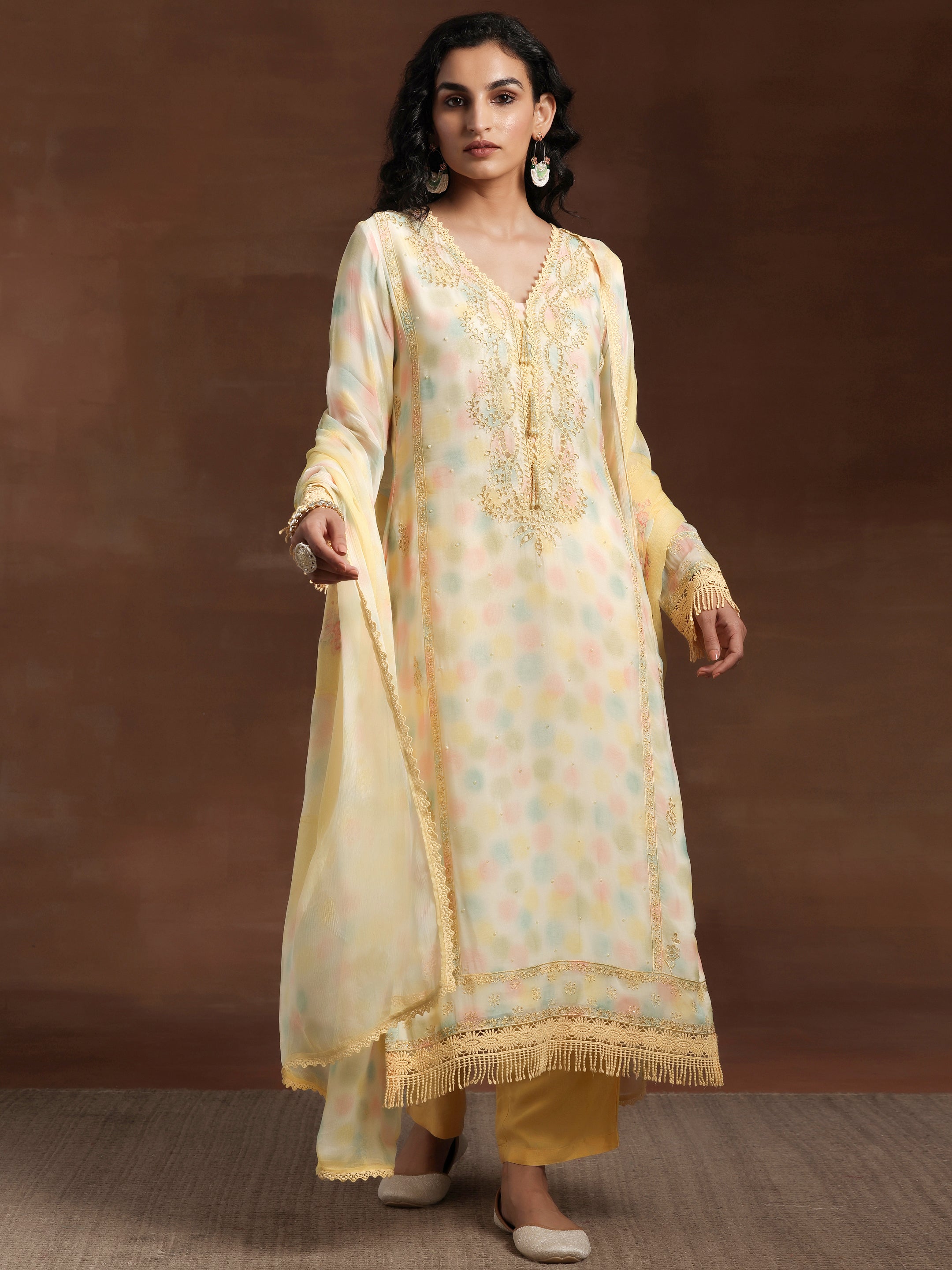 Yellow Embroidered Organza Straight Suit With Dupatta