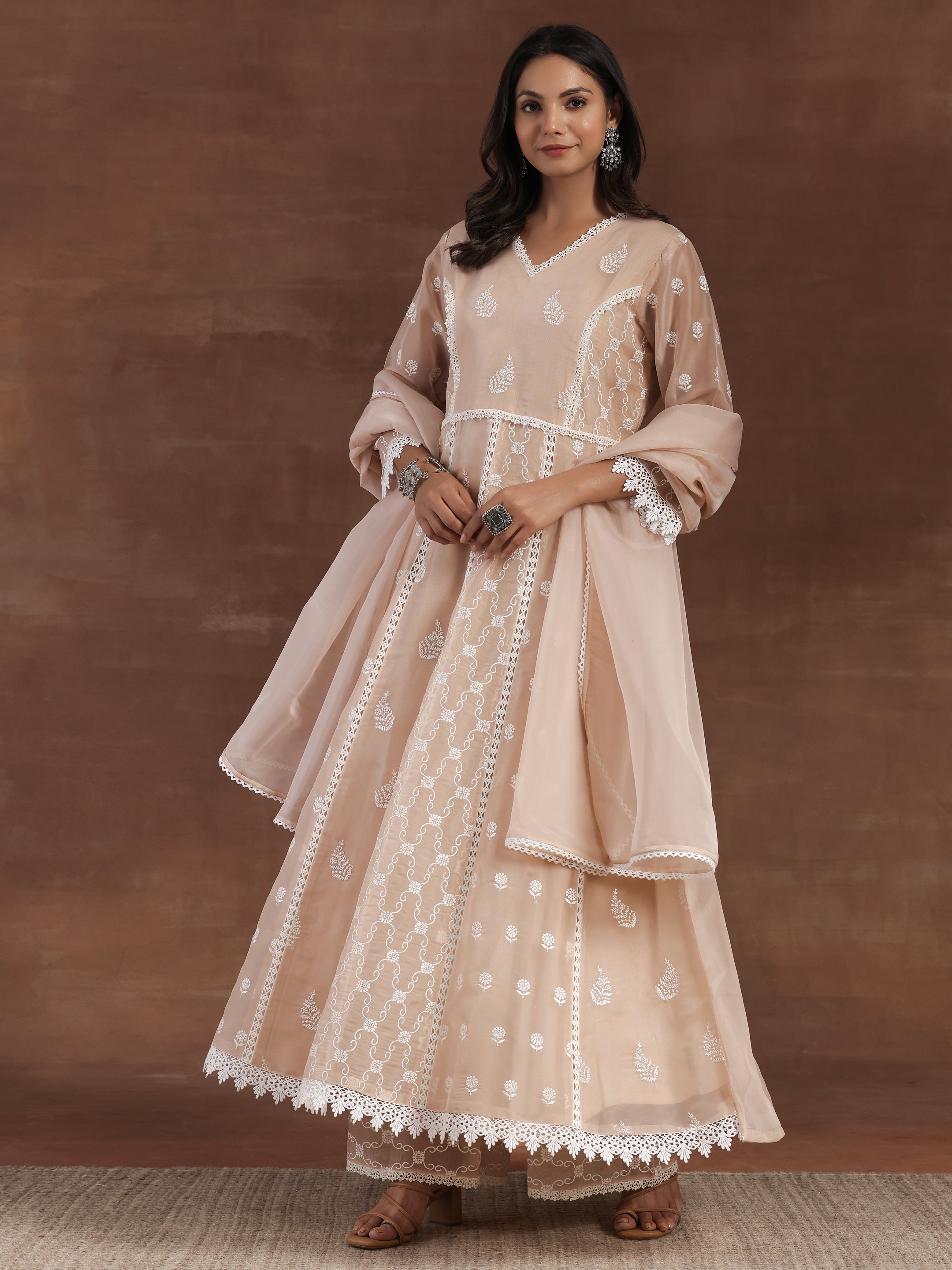 Nude Embroidered Organza A-Line Kurta With Palazzos & Dupatta