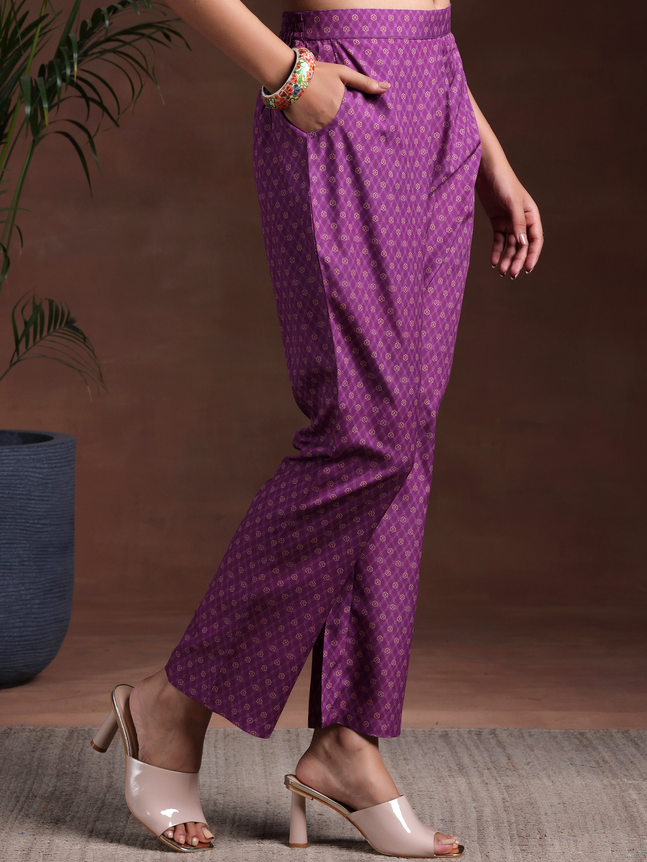 Purple Printed Poly Crepe Straight Suit With Dupatta