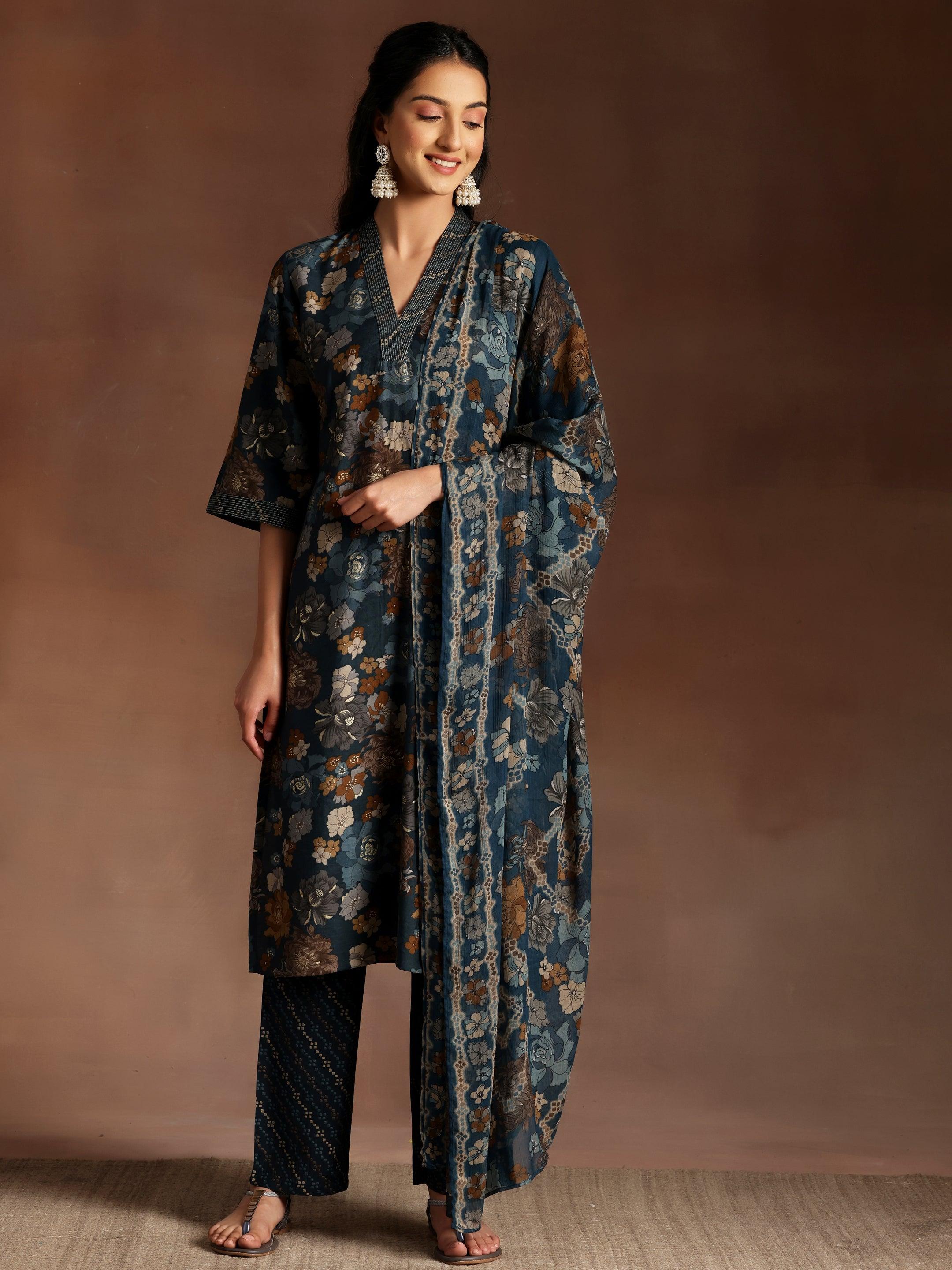 Blue Printed Silk Blend Straight Suit With Dupatta