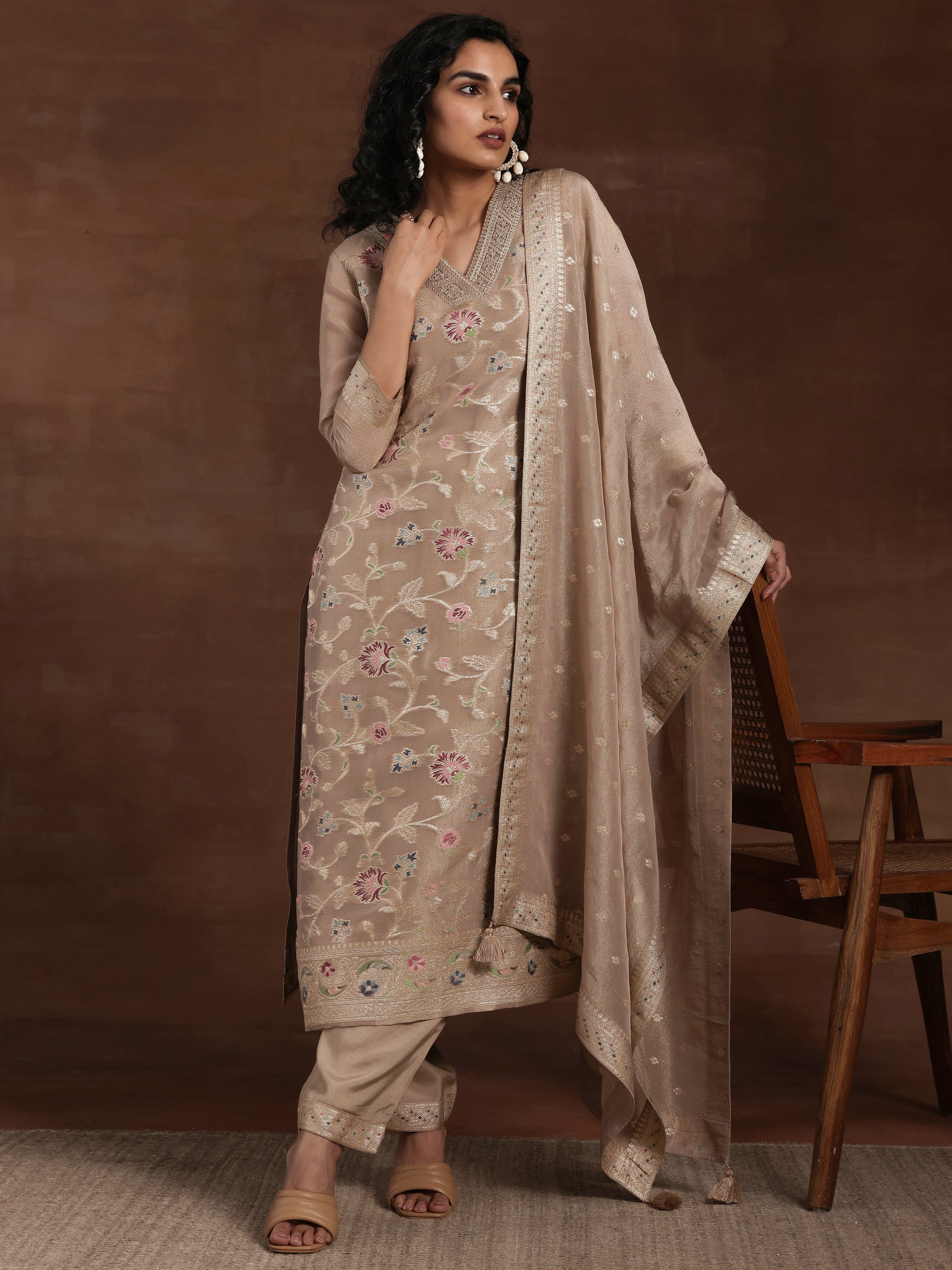 Brown Woven Design Chanderi Silk Straight Suit With Dupatta