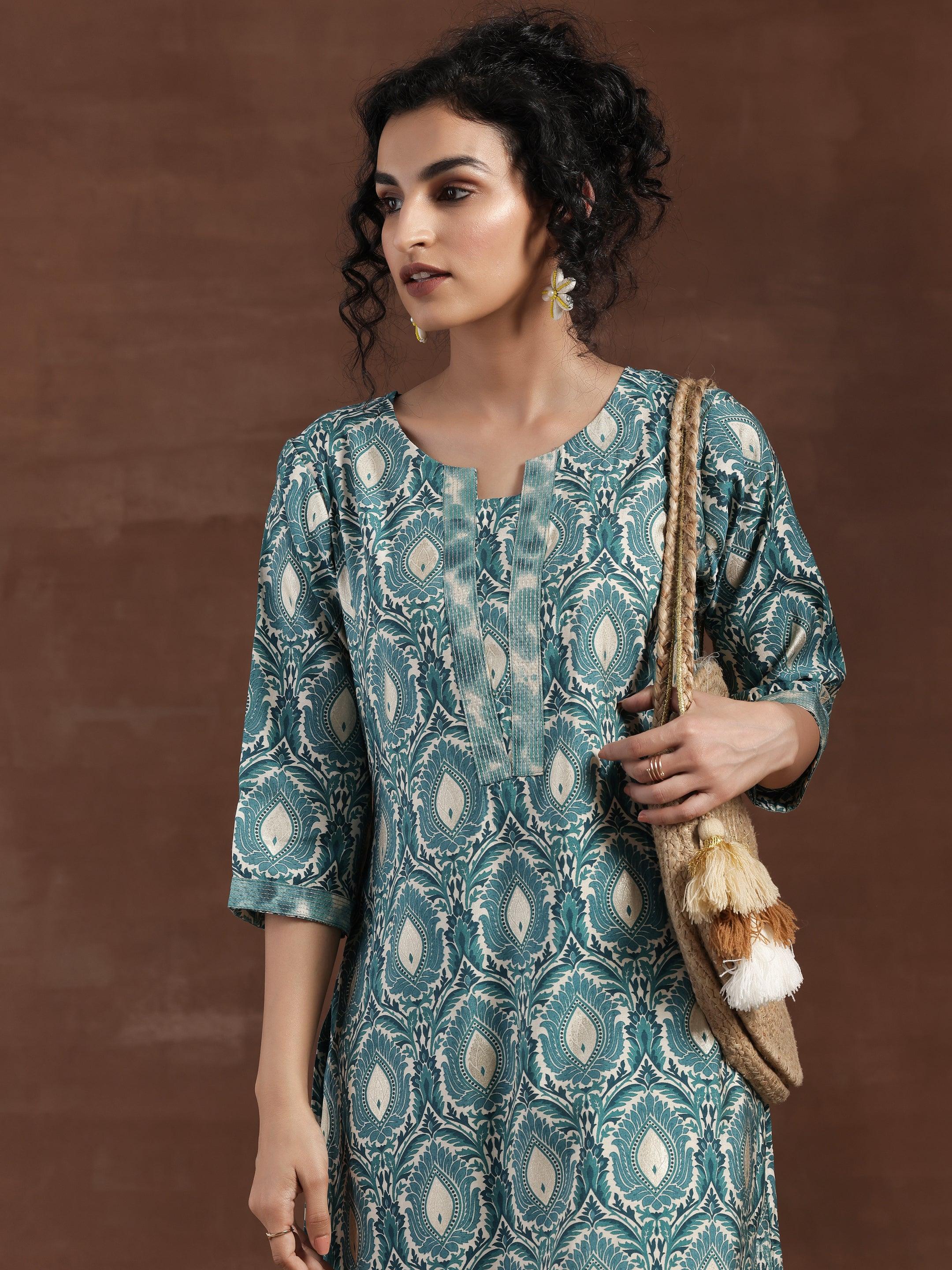 Blue Printed Silk Blend Straight Kurta Set