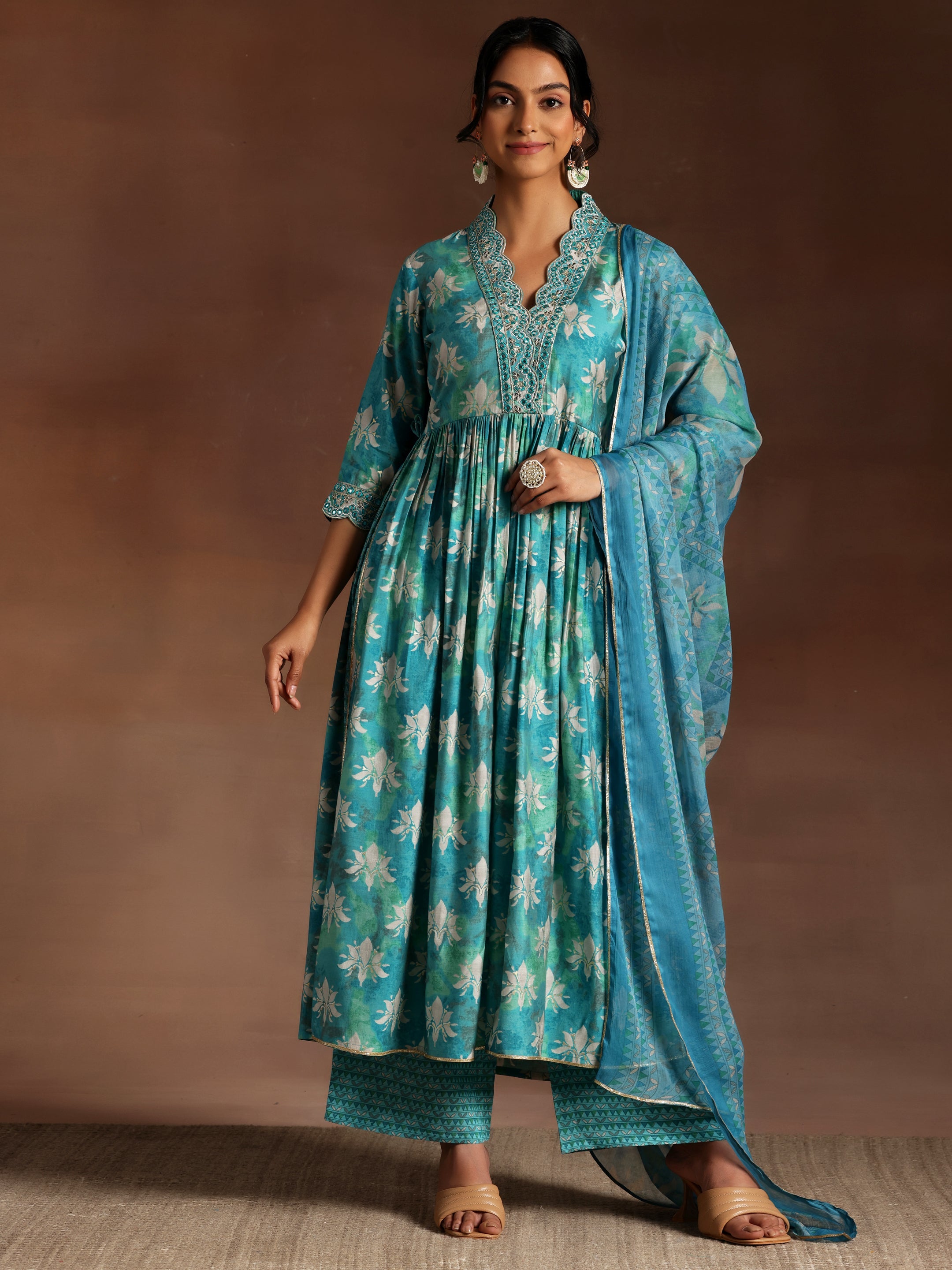 Blue Printed Silk Blend A-Line Kurta With Palazzos & Dupatta