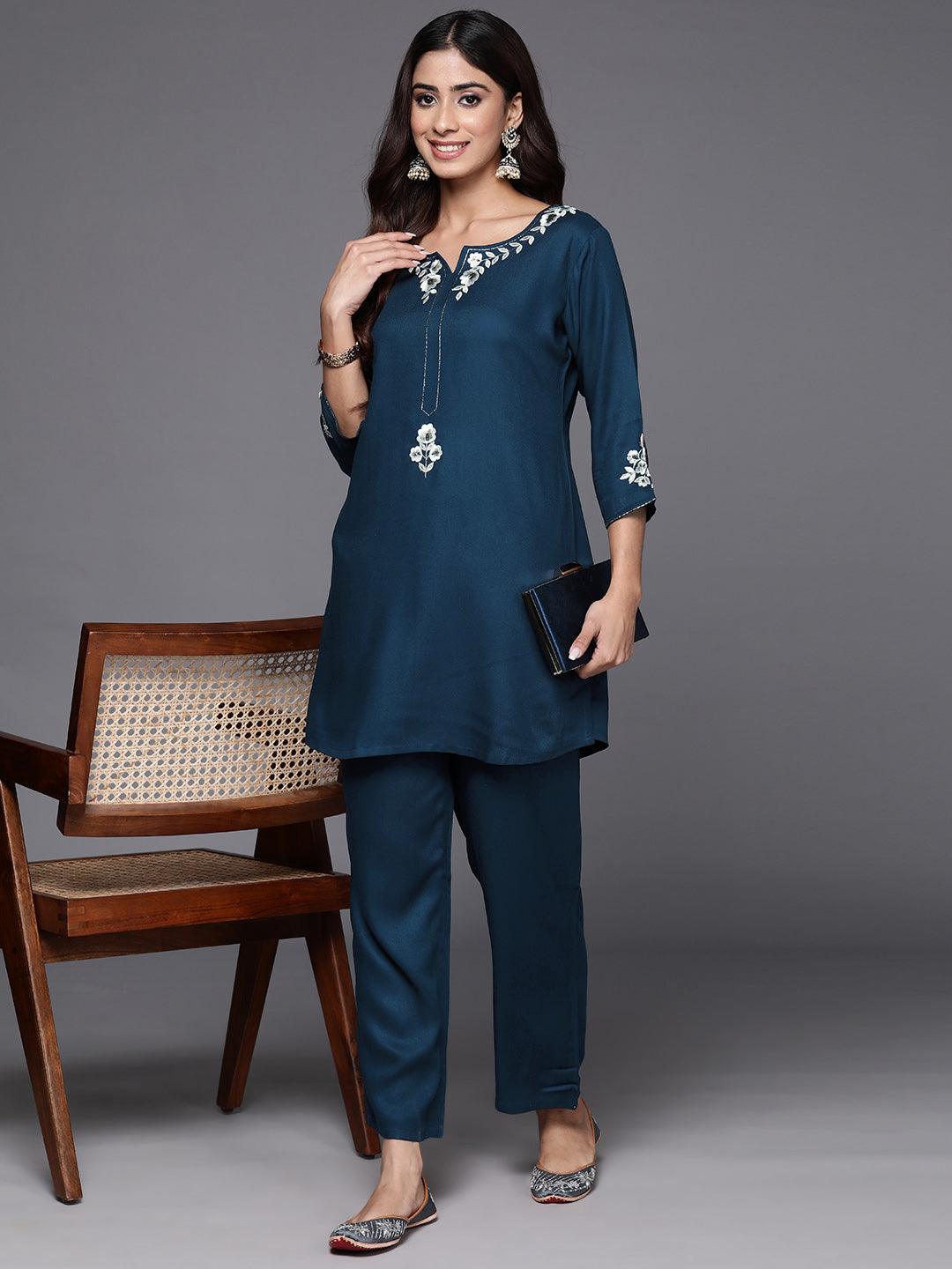 Teal Self Design Wool Blend Tunic With Trousers - ShopLibas