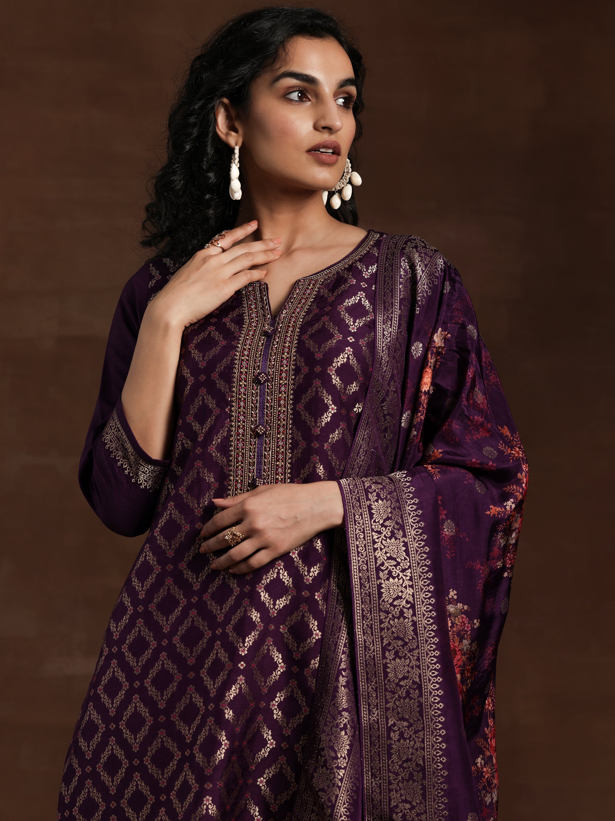 Purple Woven Design Silk Blend Straight Suit With Dupatta