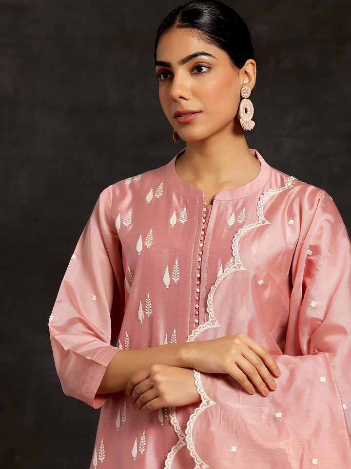 Peach Embroidered Chanderi Silk Straight Suit With Dupatta