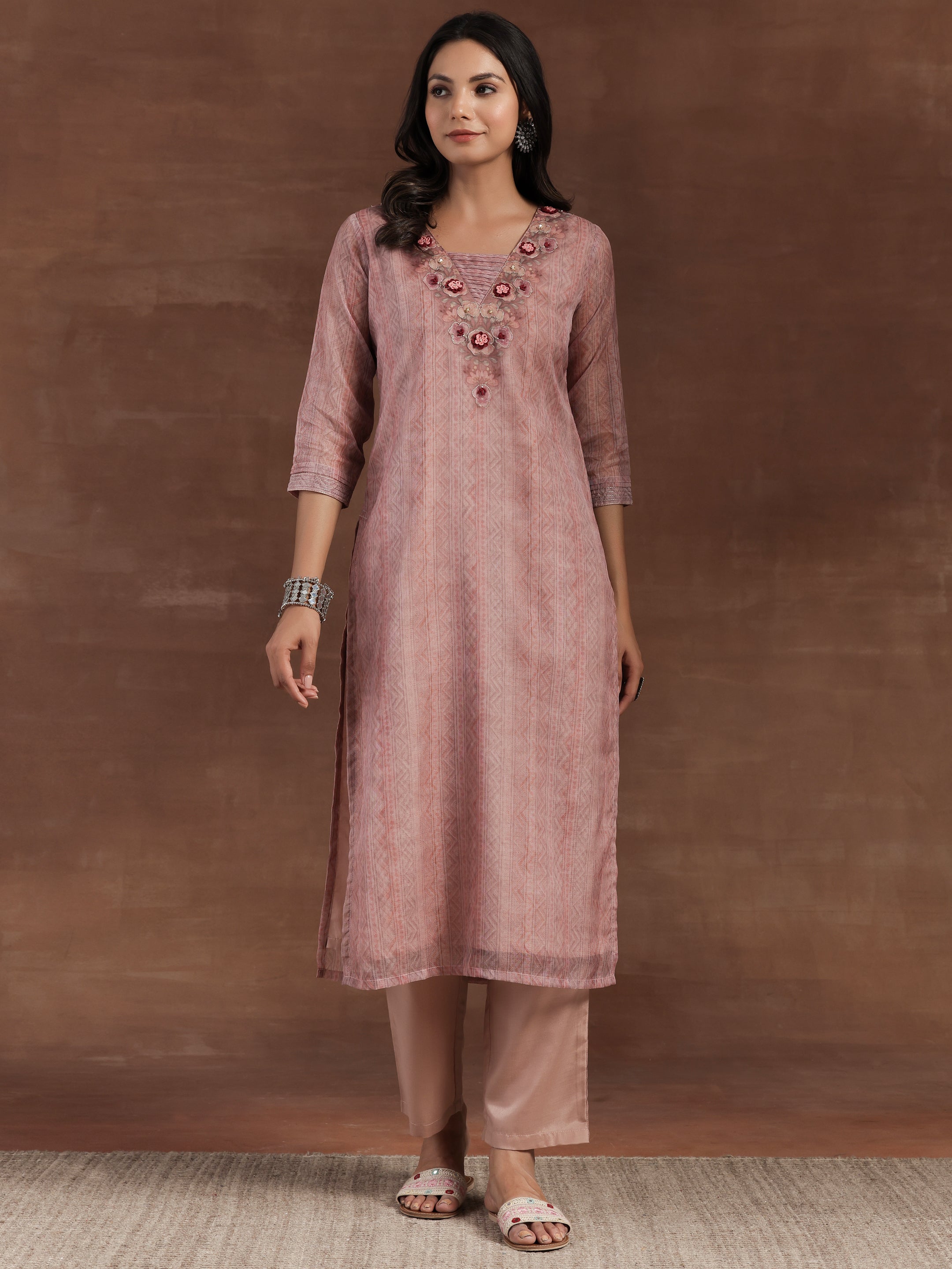 Pink Printed Organza Straight Suit With Dupatta