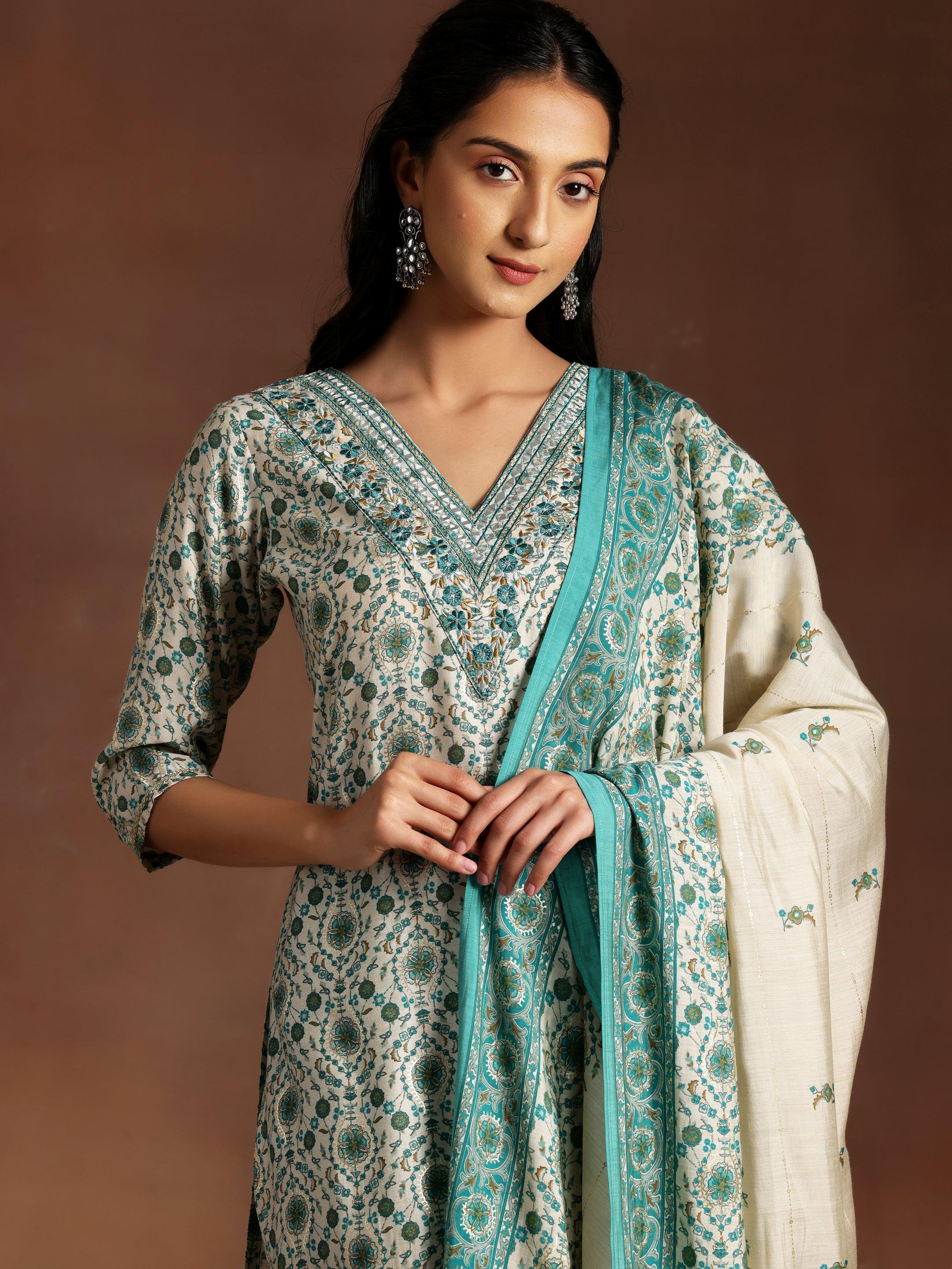 Blue Printed Silk Blend Straight Suit With Dupatta