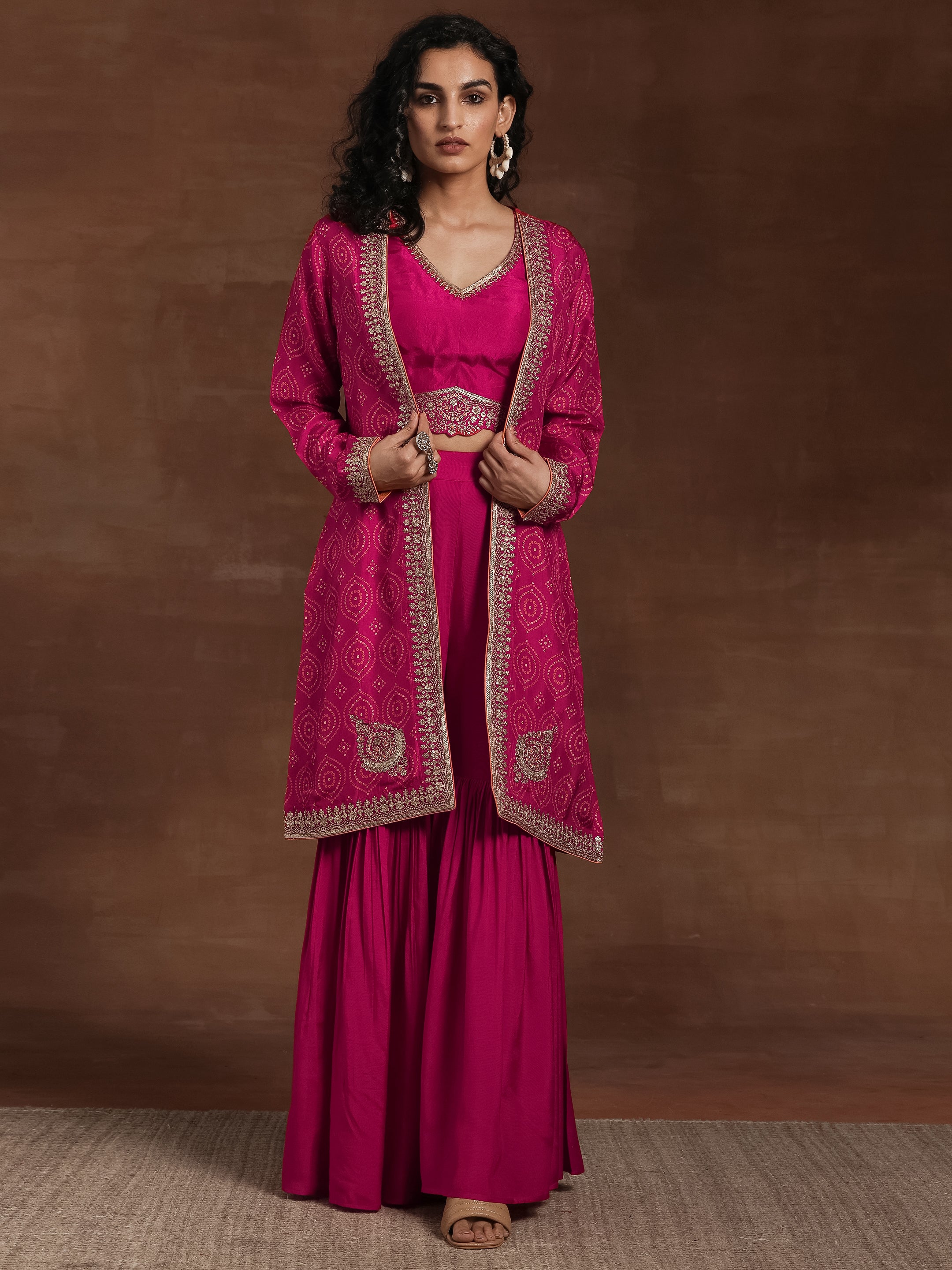 Pink Embroidered Silk Blend 3 Piece Co-Ords