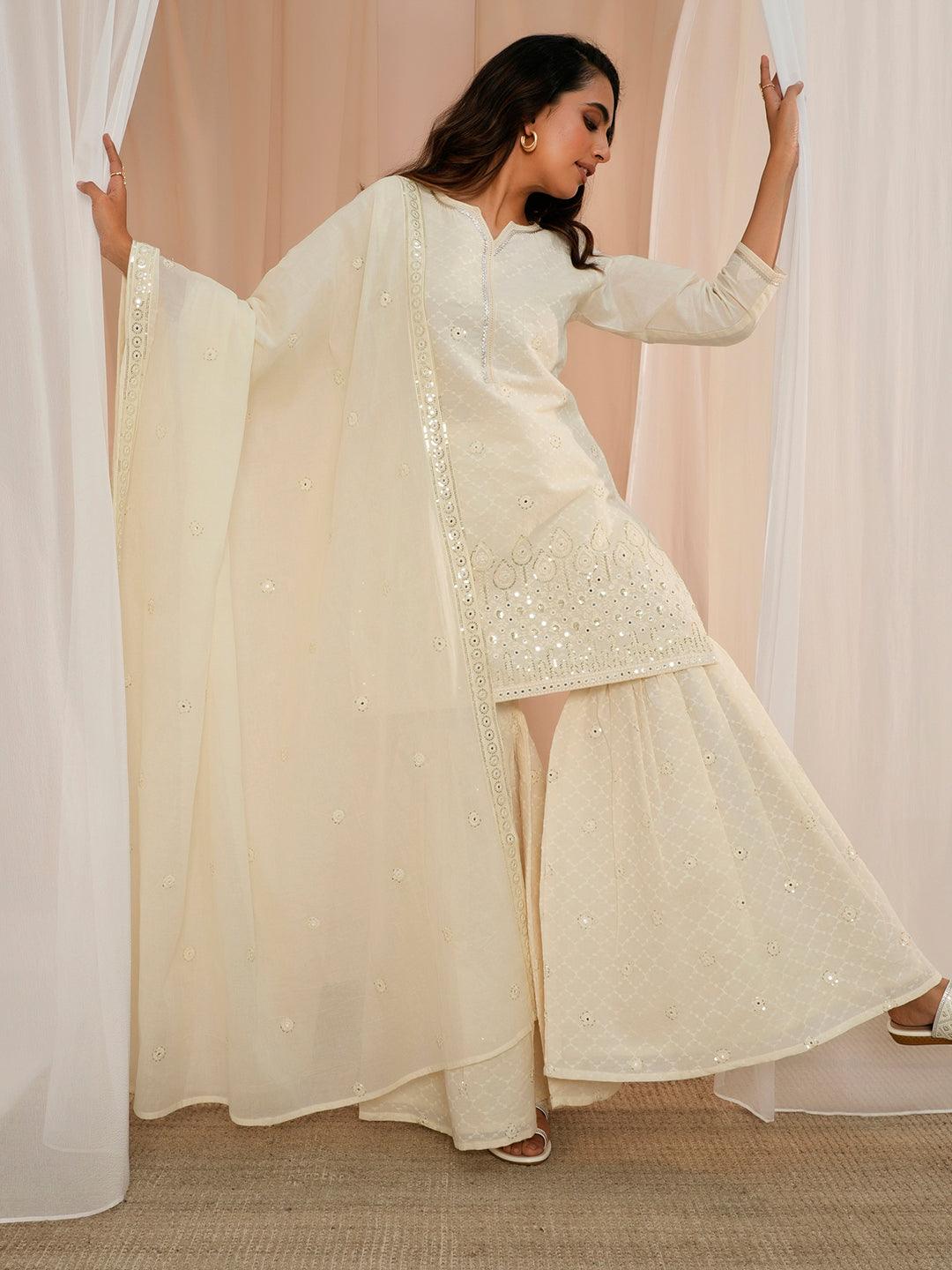 Off White Embroidered Cotton Straight Suit With Dupatta