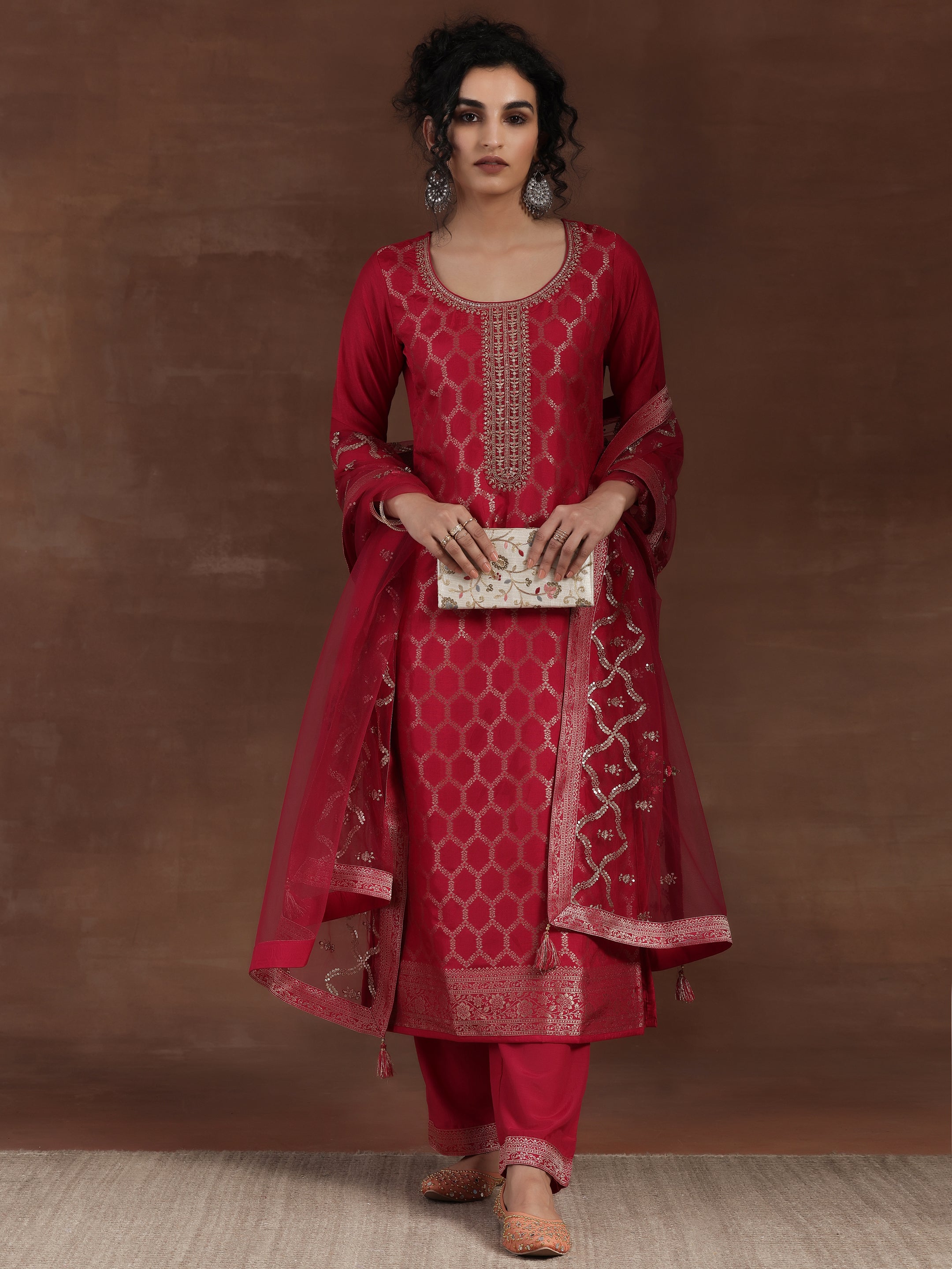 Pink Woven Design Silk Blend Straight Suit With Dupatta