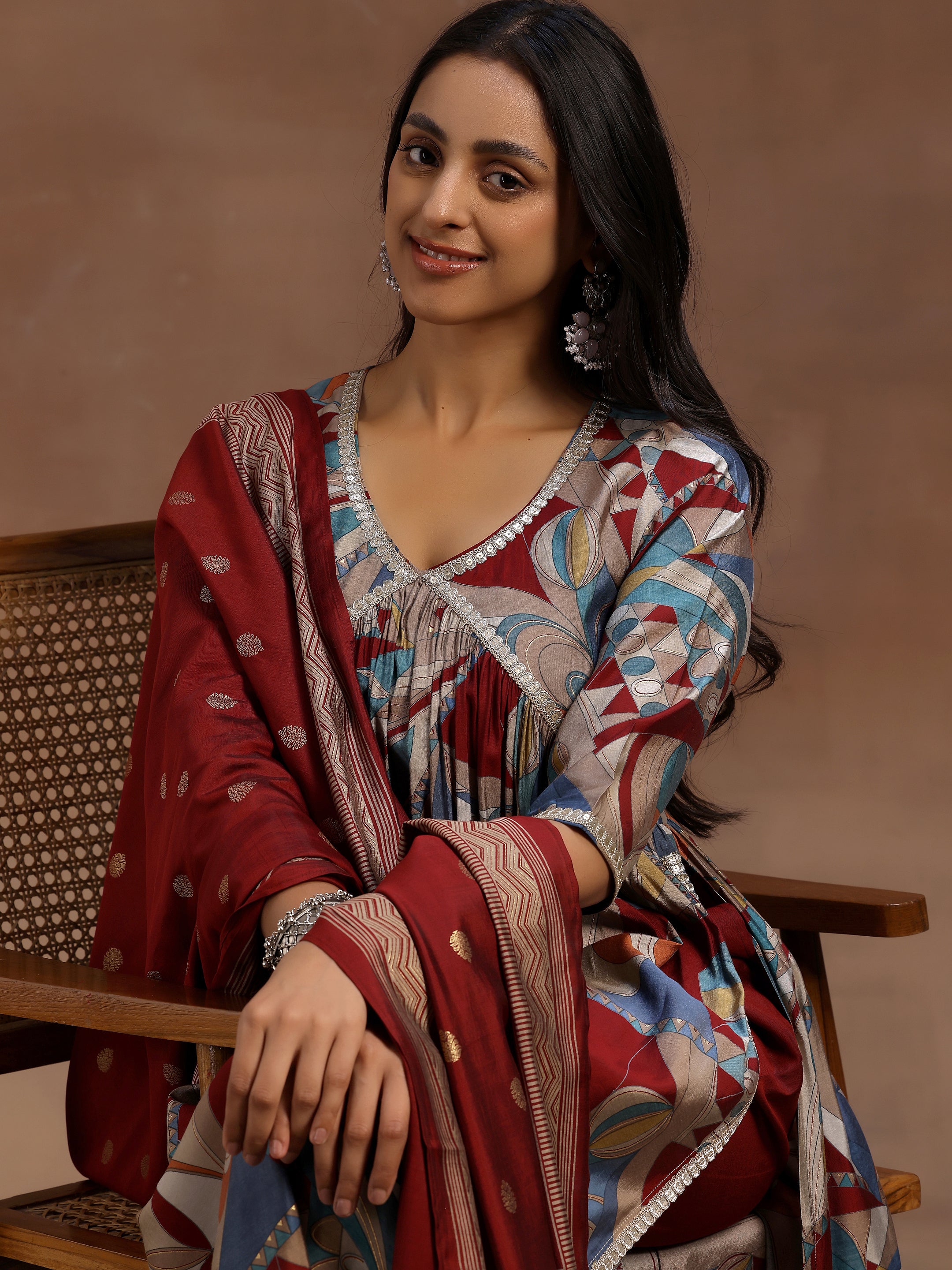 Maroon Printed Silk Blend A-Line Kurta With Trousers & Dupatta