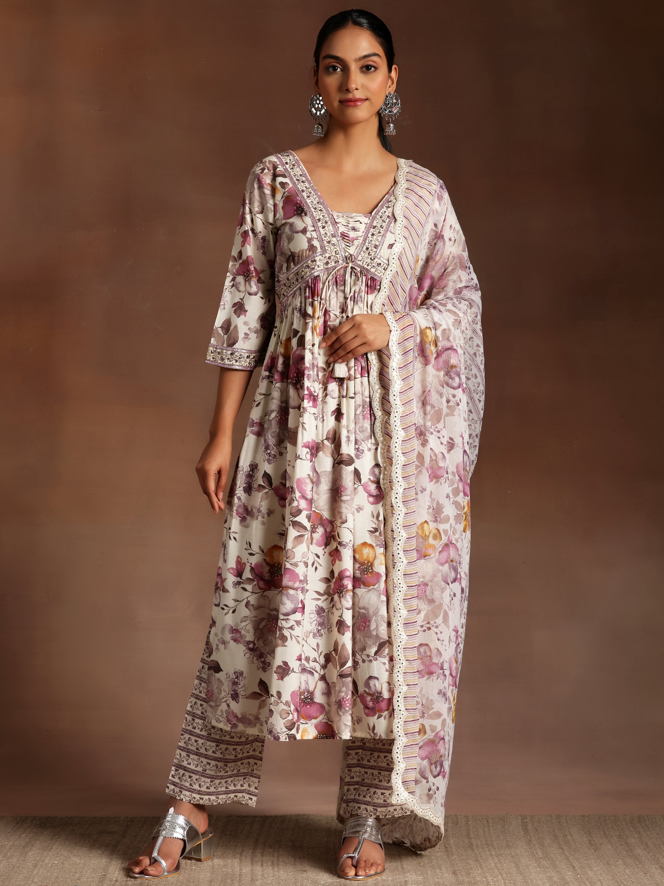 Gulmay Burgundy Printed Silk Blend A-Line Kurta With Palazzos & Dupatta