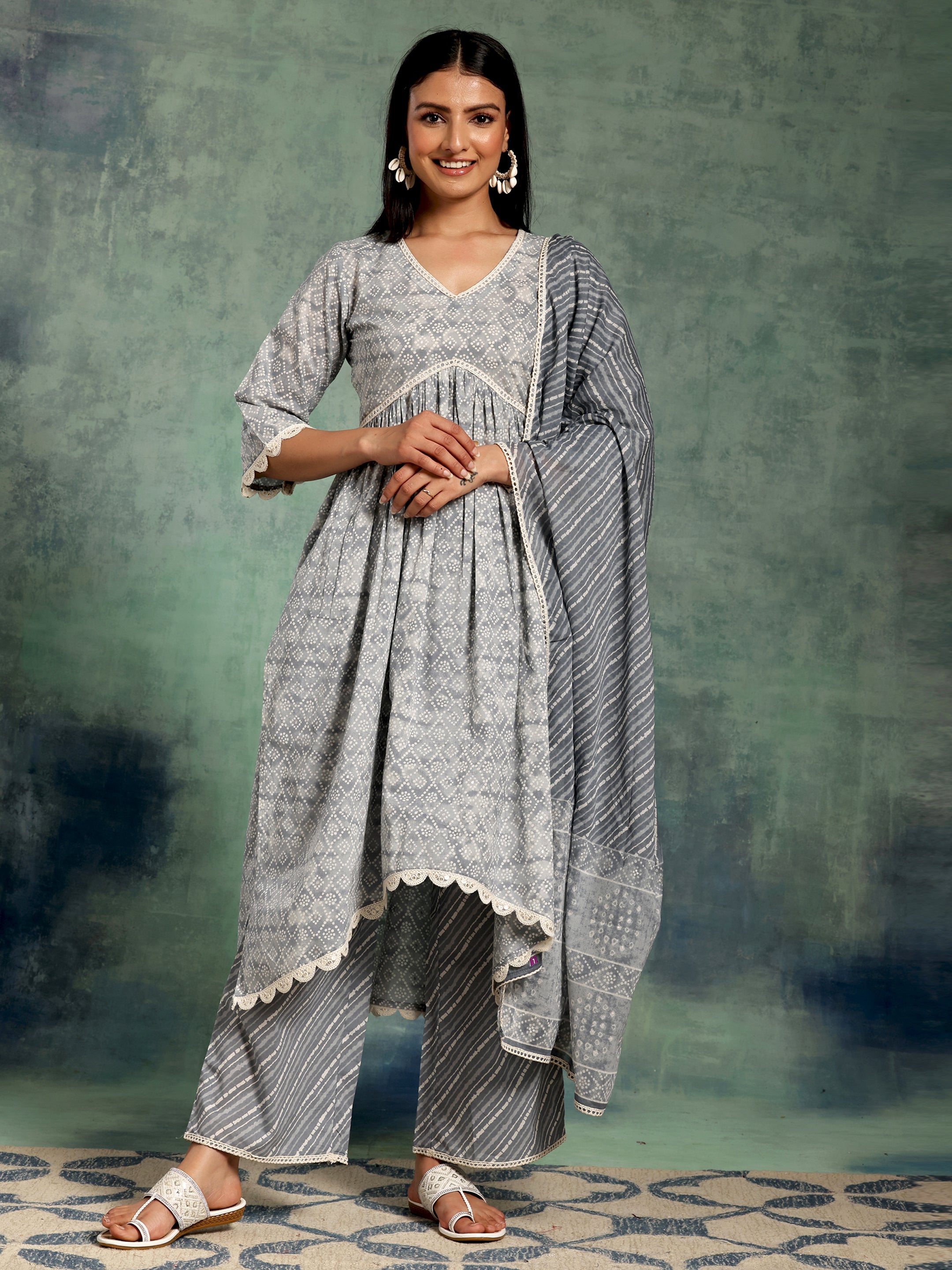 Grey Printed Cotton A-Line Kurta With Palazzos & Dupatta