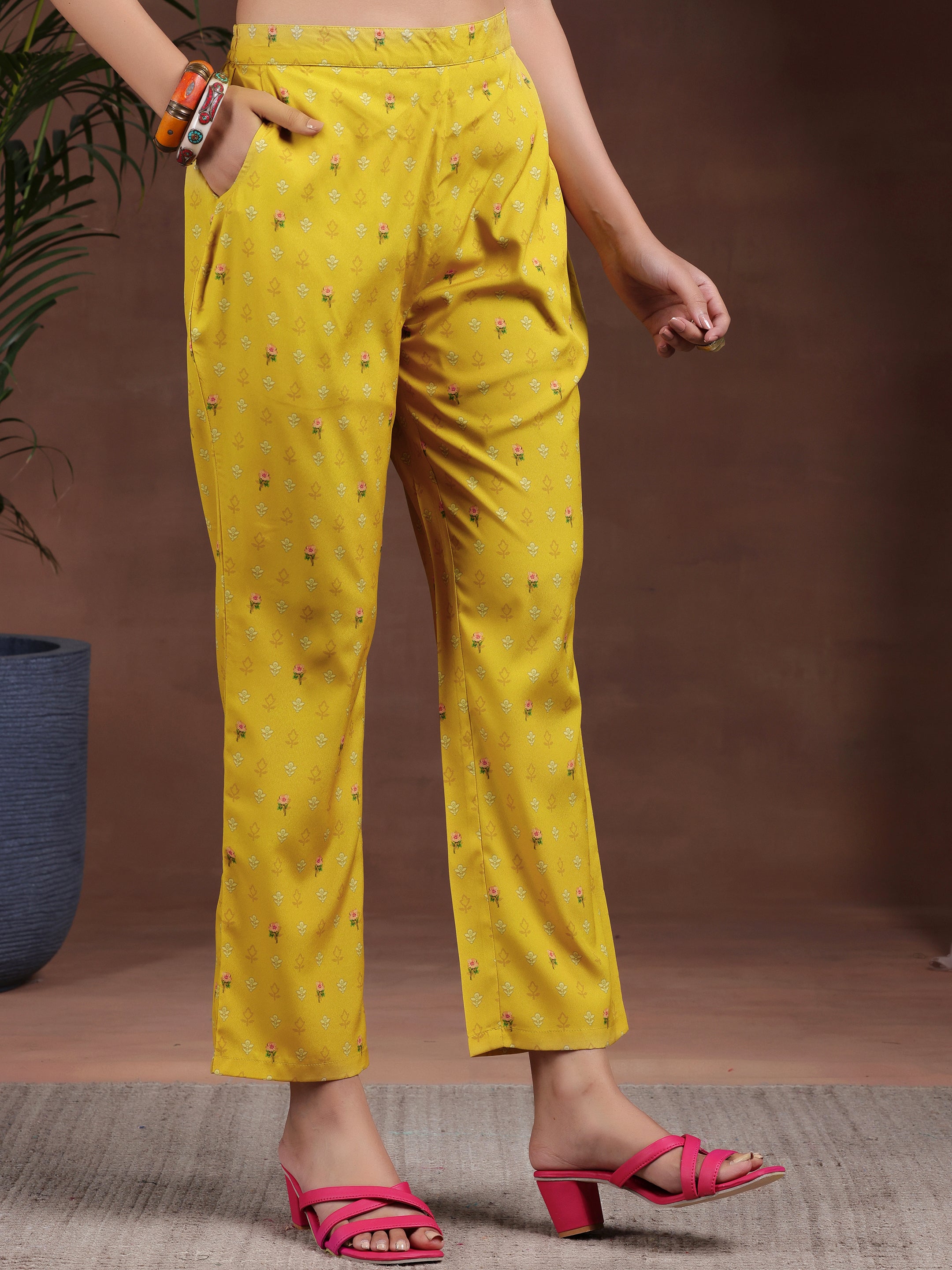 Mustard Printed Poly Crepe Straight Suit With Dupatta