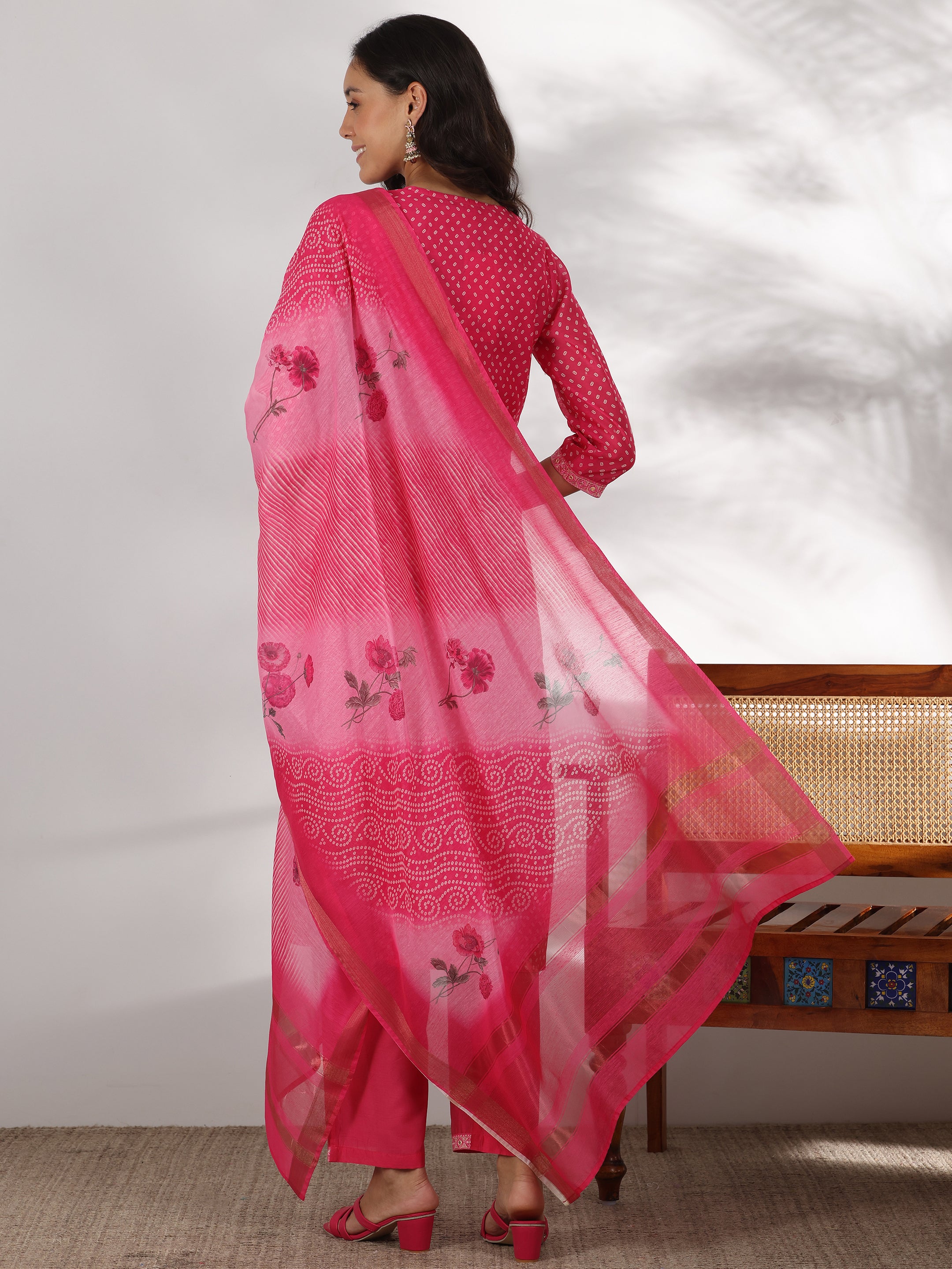 Pink Printed Silk Blend Straight Suit With Dupatta