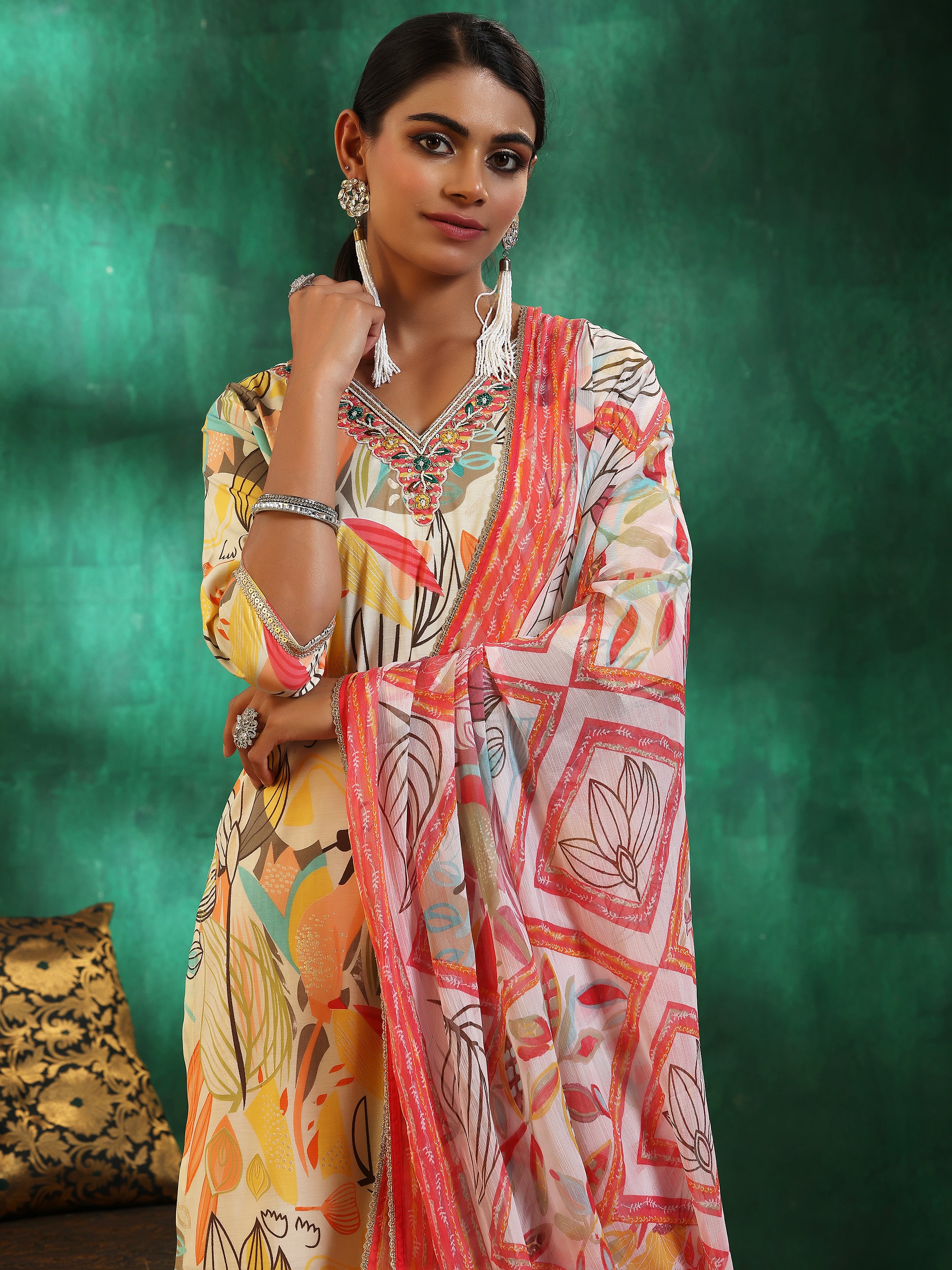 Off White Printed Silk Blend Straight Suit With Dupatta