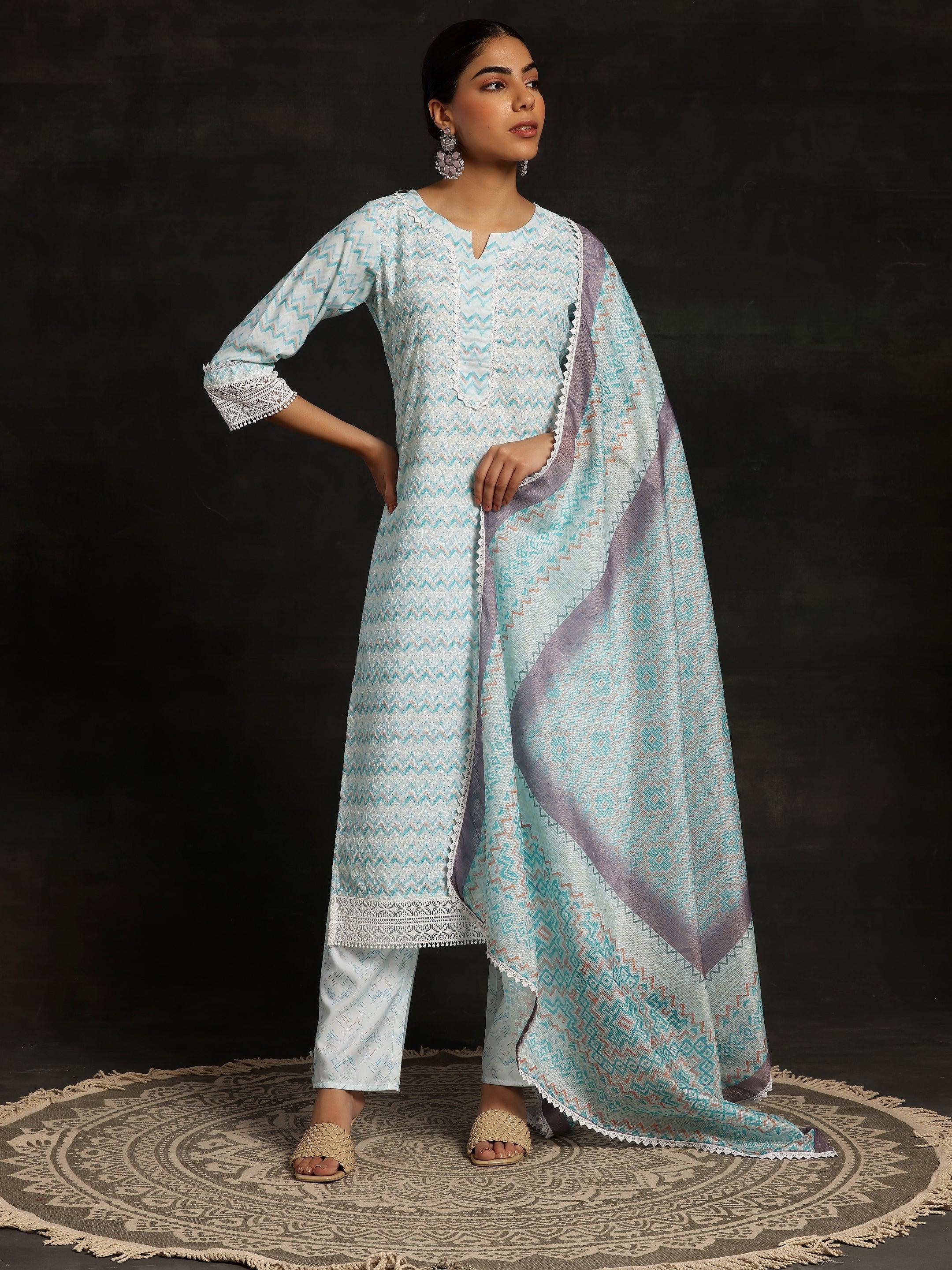 Blue Embroidered Cotton Straight Suit With Dupatta