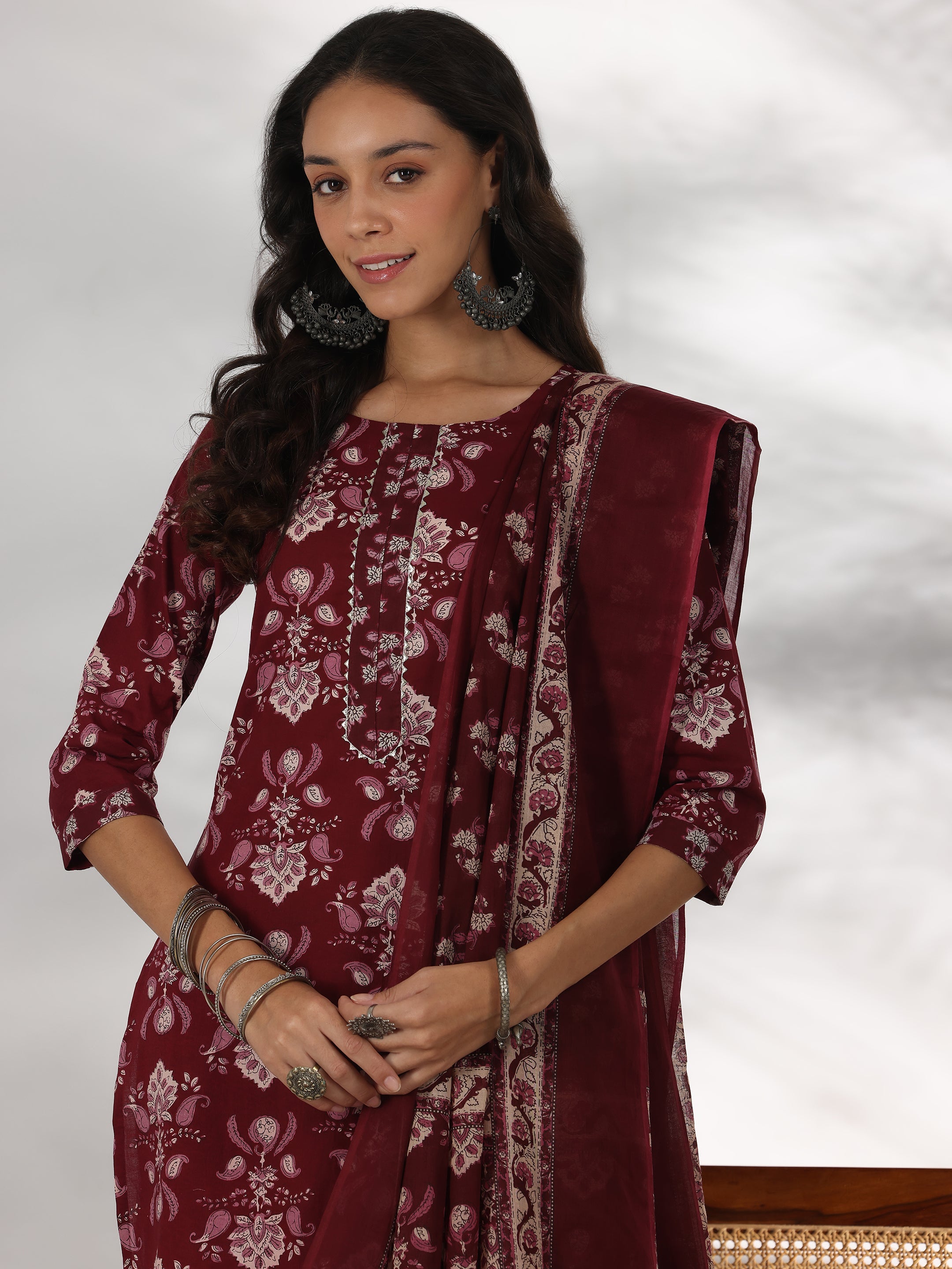 Maroon Printed Cotton Straight Suit With Dupatta