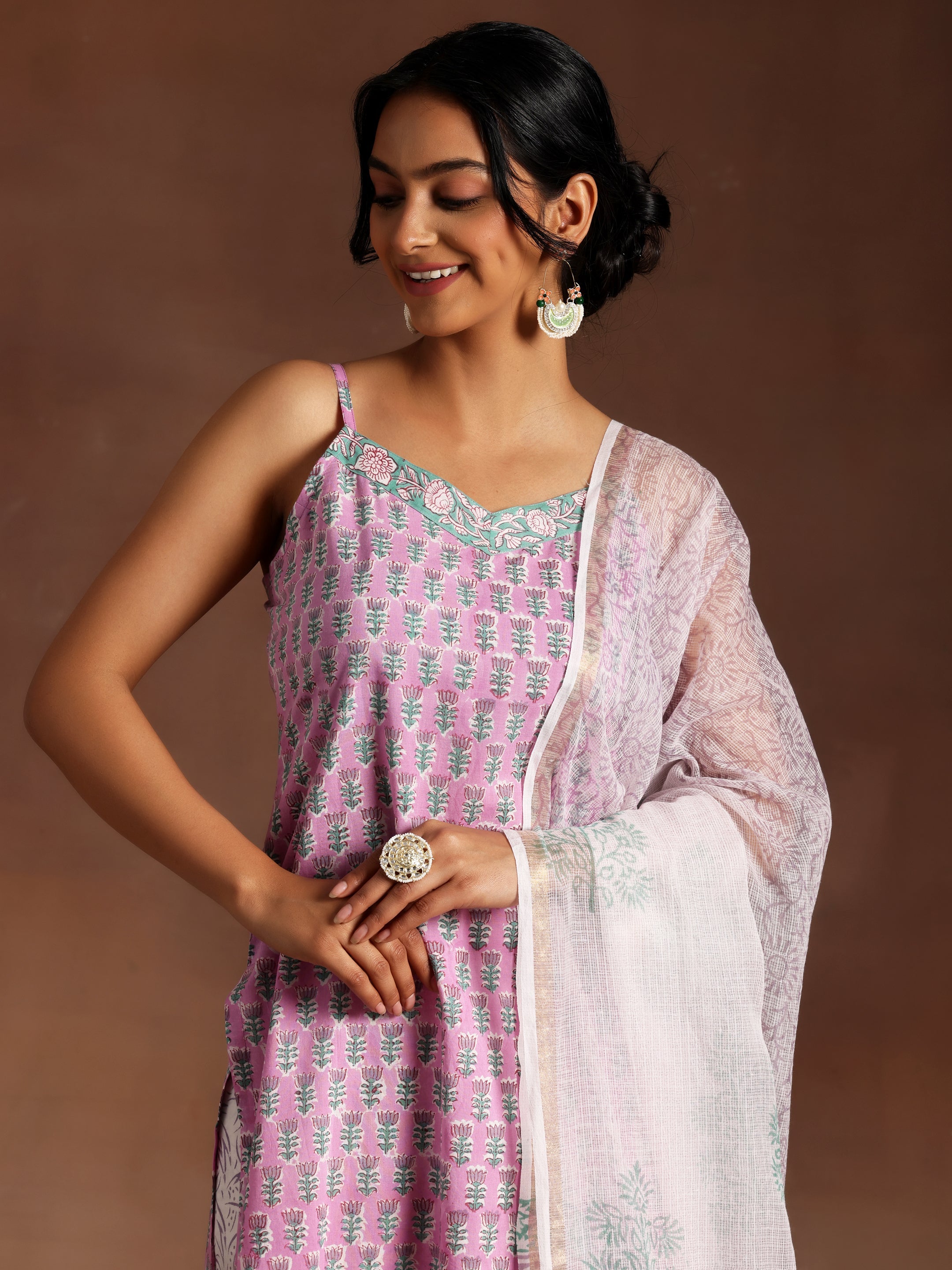 Pink Printed Cotton Straight Suit With Dupatta