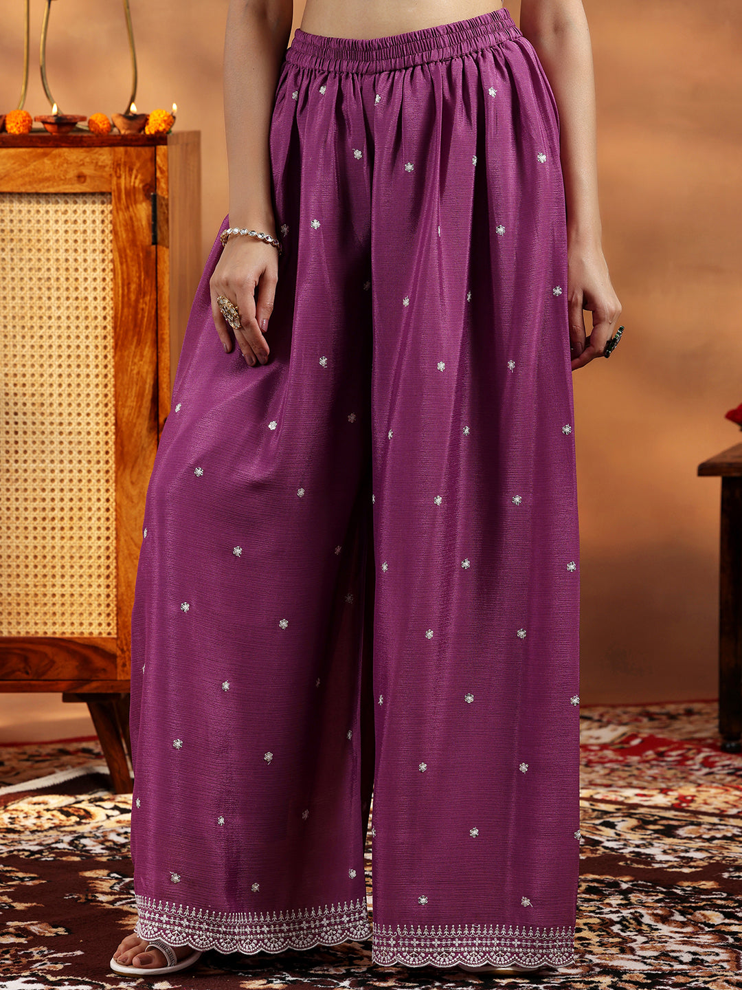 Mauve Embroidered Silk Blend Straight Suit With Dupatta