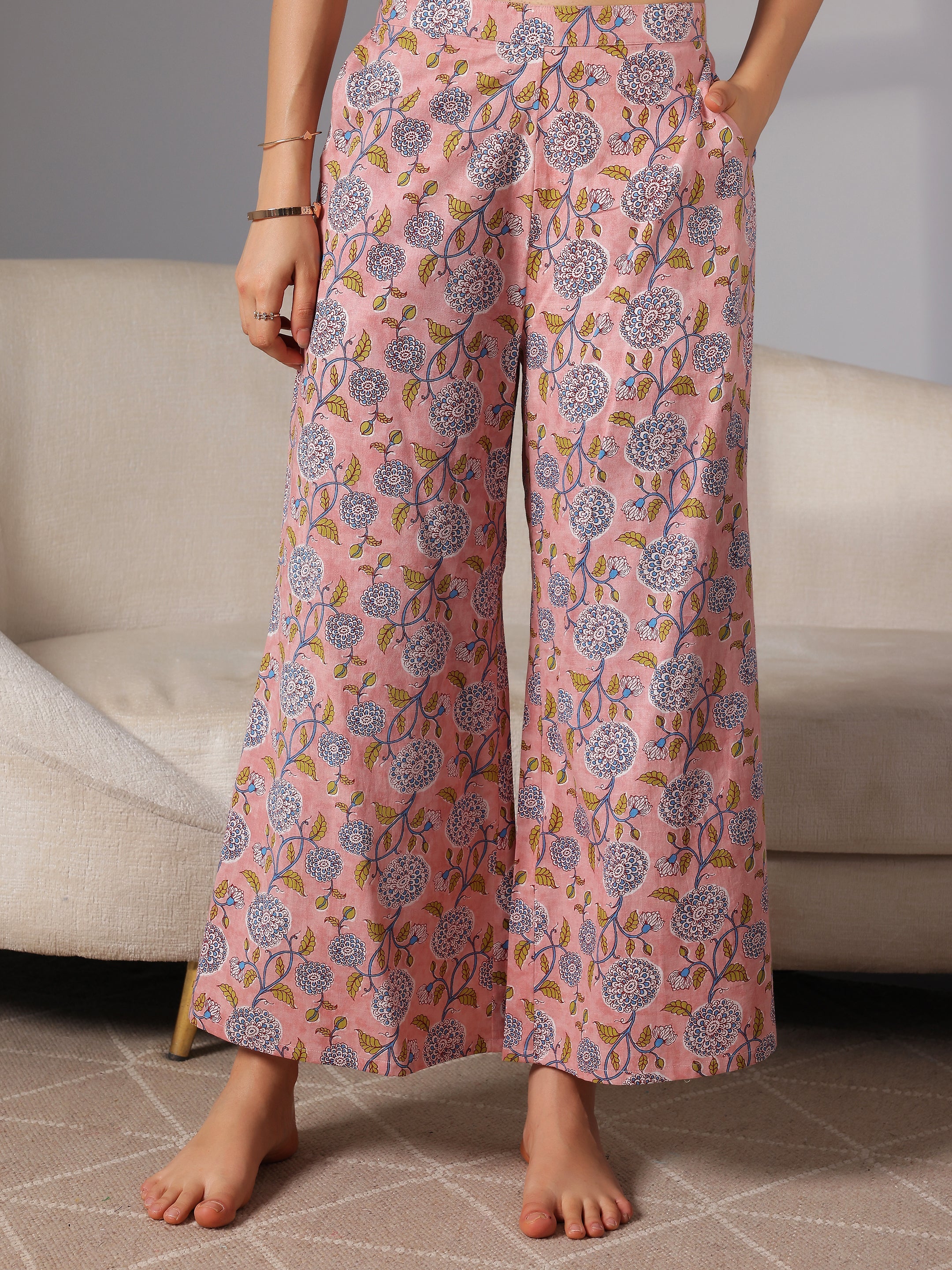 Peach Printed Cotton Night Suits