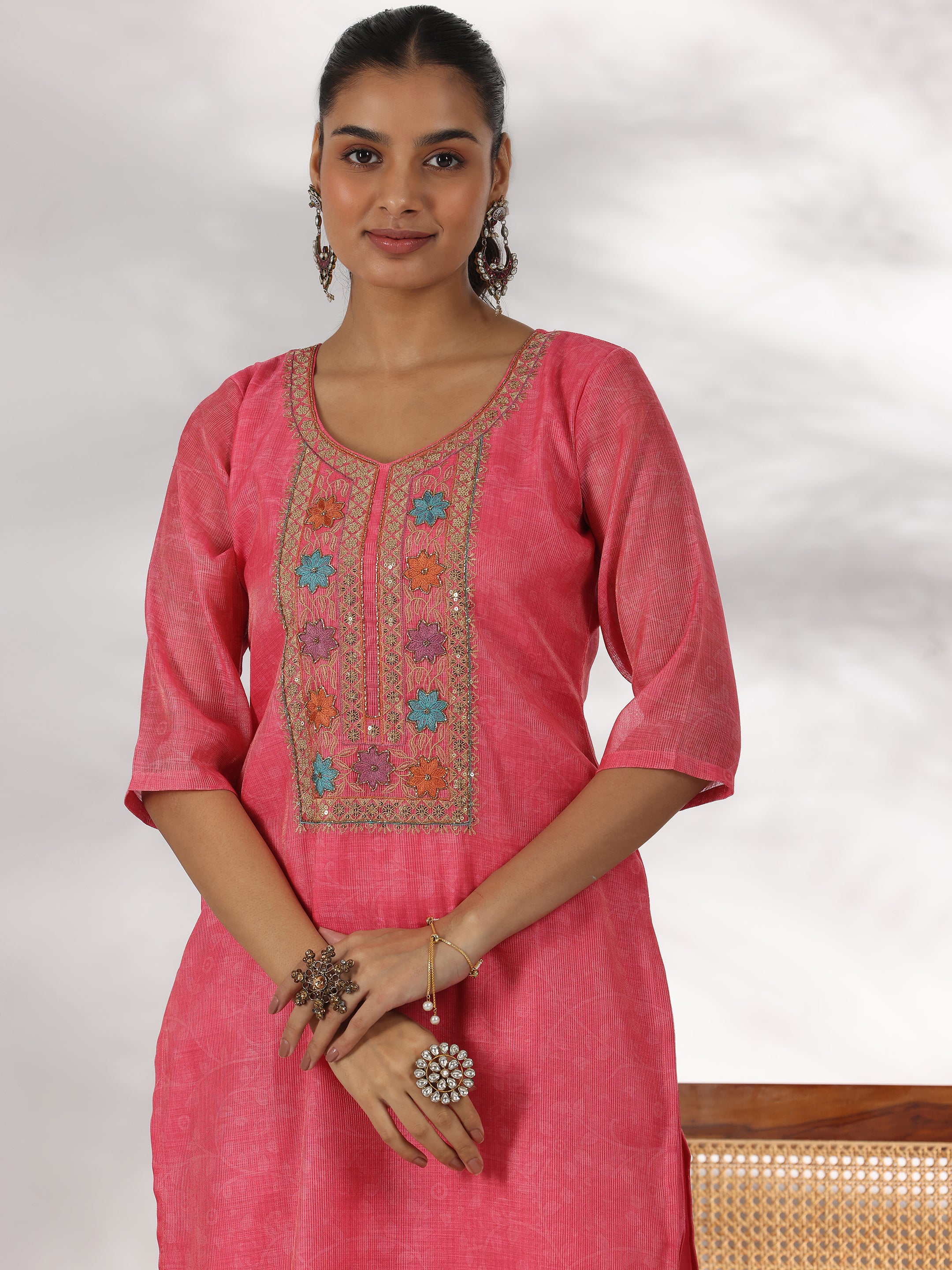 Pink Yoke Design Silk Blend Straight Suit With Dupatta