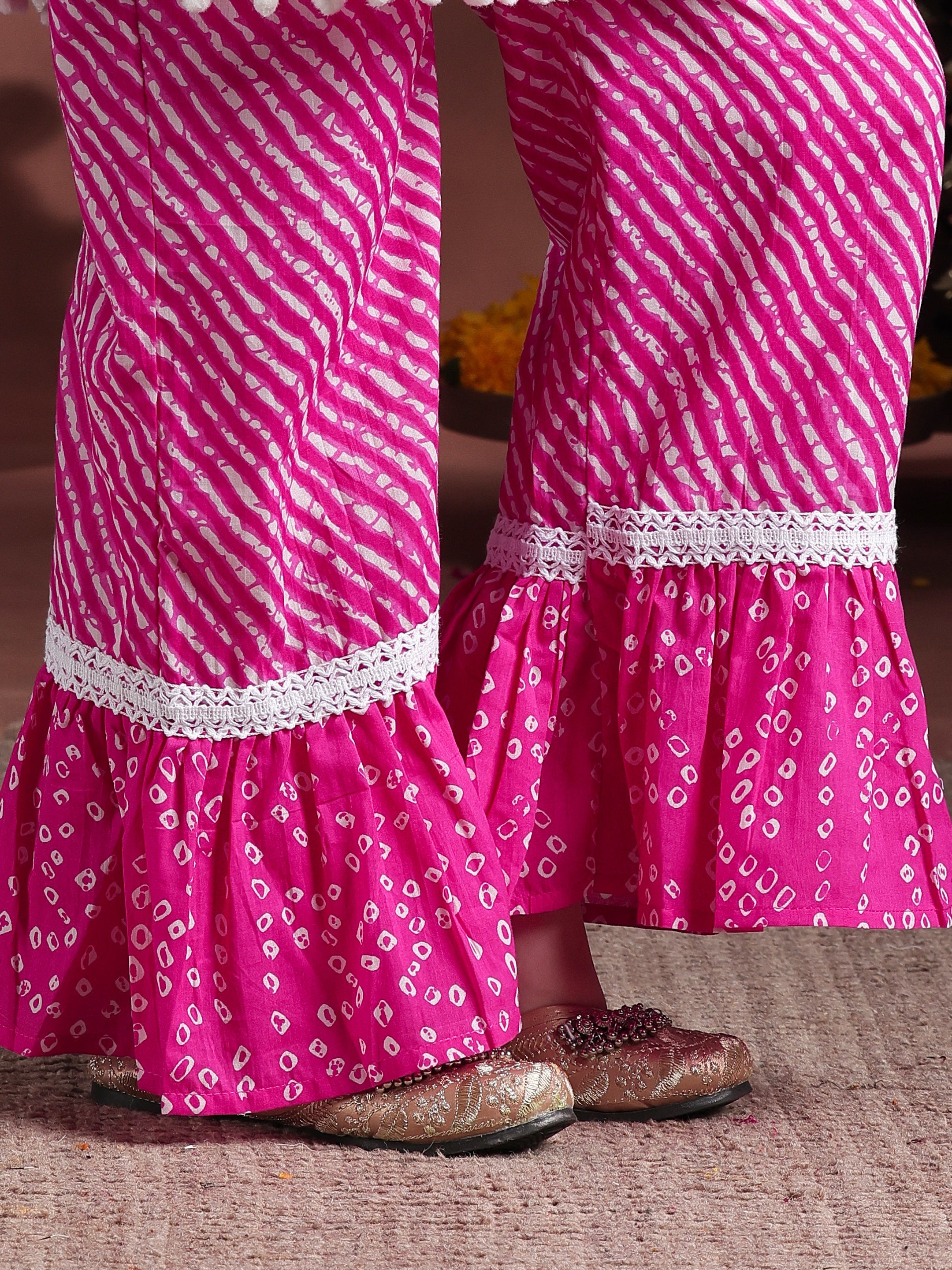 Kids Pink Printed Cotton A-Line Kurti With Palazzos & Dupatta