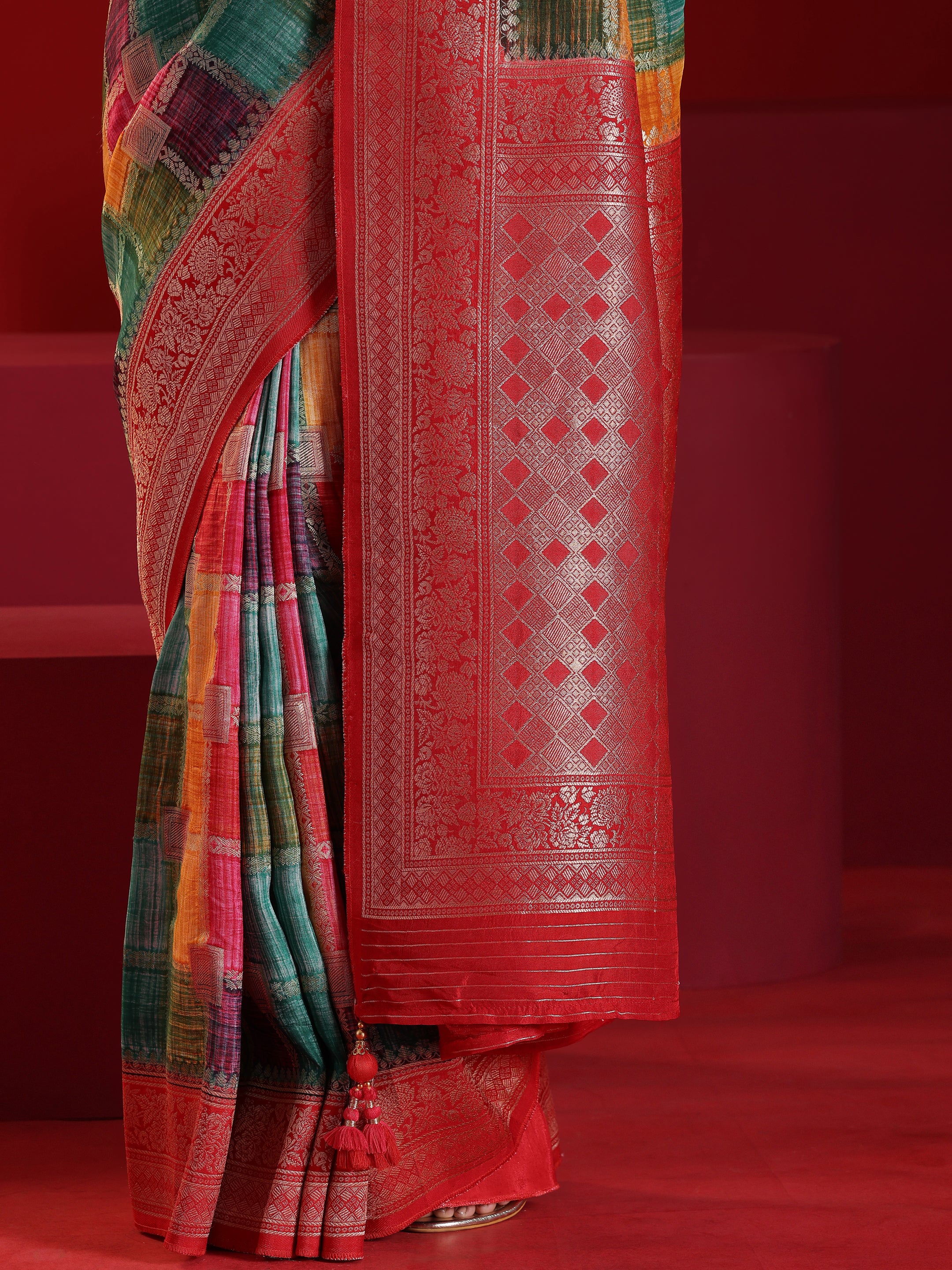 Libas Art Multicoloured Woven Design Satin Saree With Unstitched  Blouse Piece