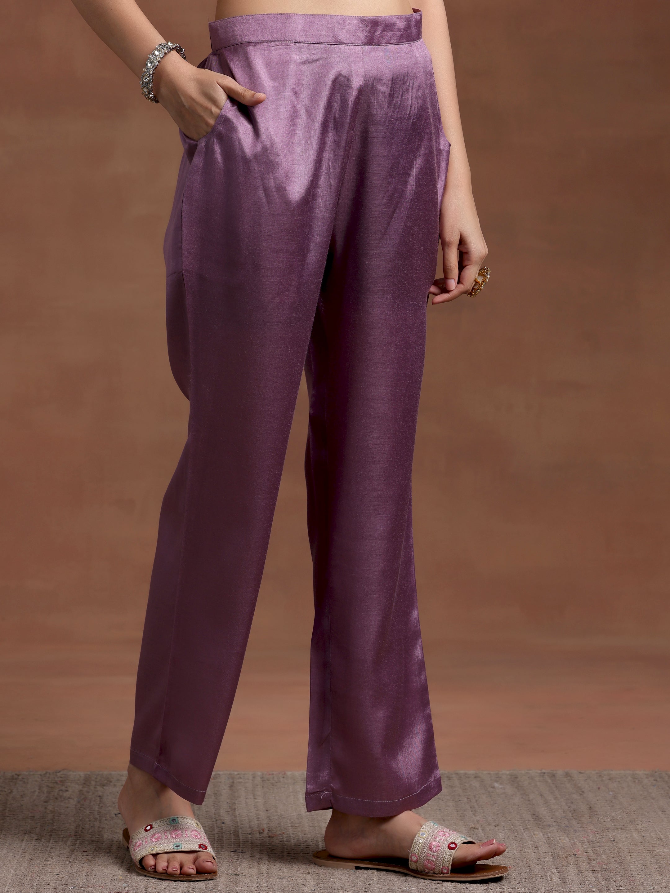 Mauve Printed Rayon A-Line Kurta With Trousers