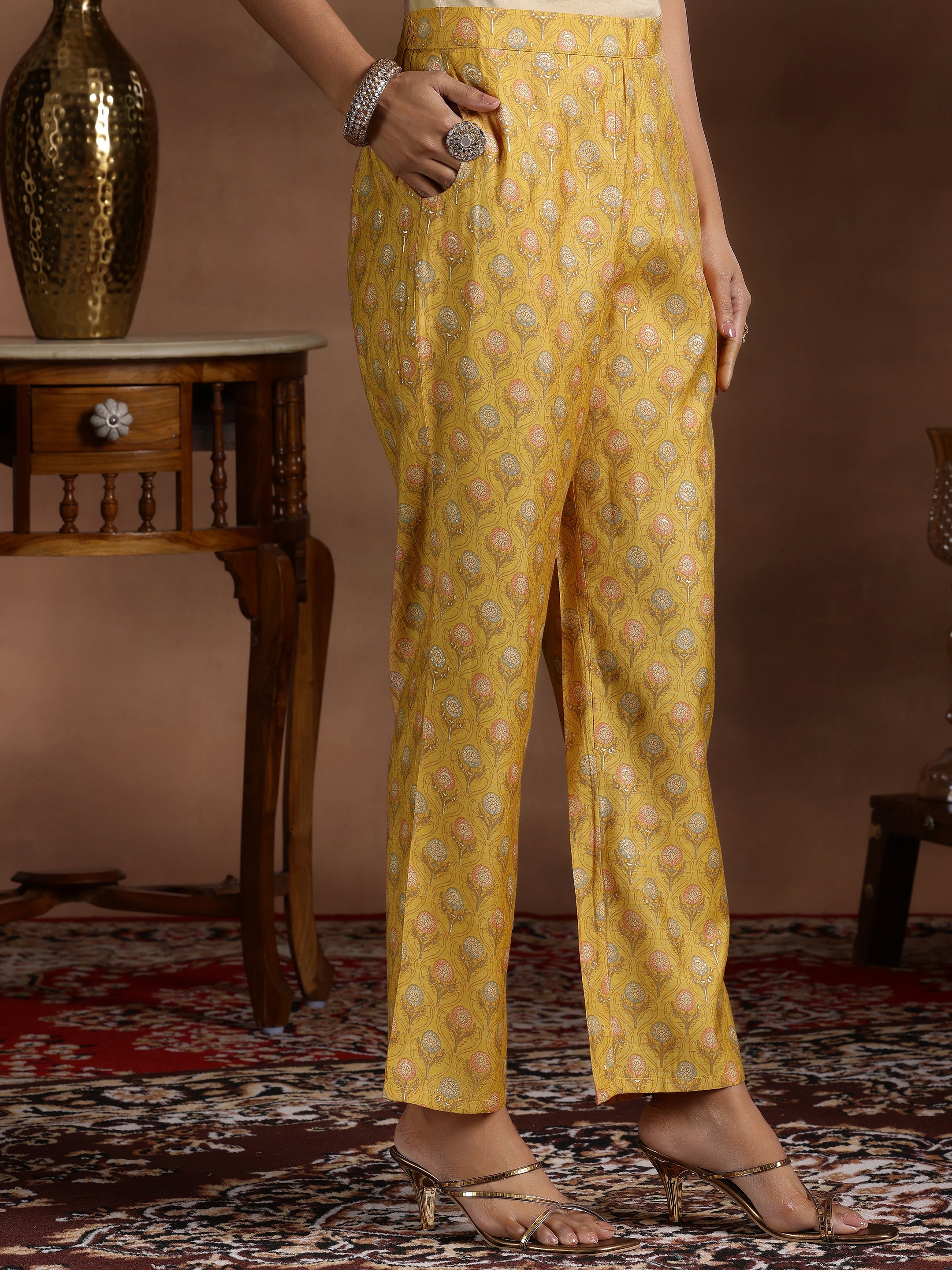 Mustard Printed Silk Blend Straight Suit With Dupatta