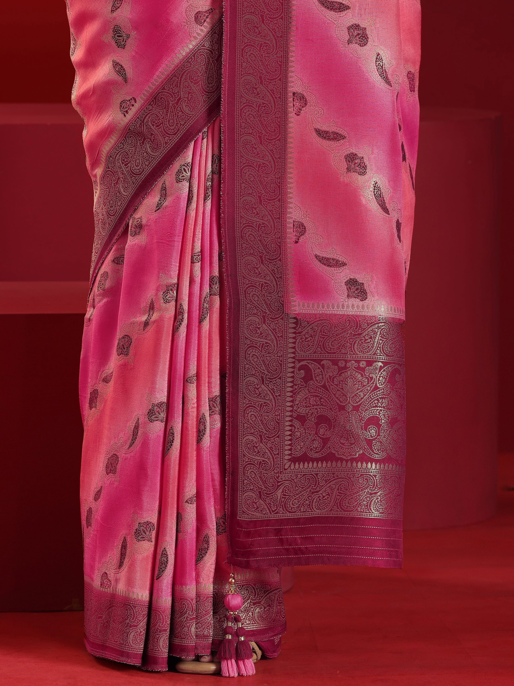 Libas Art Pink Woven Design Satin Saree With Unstitched  Blouse Piece