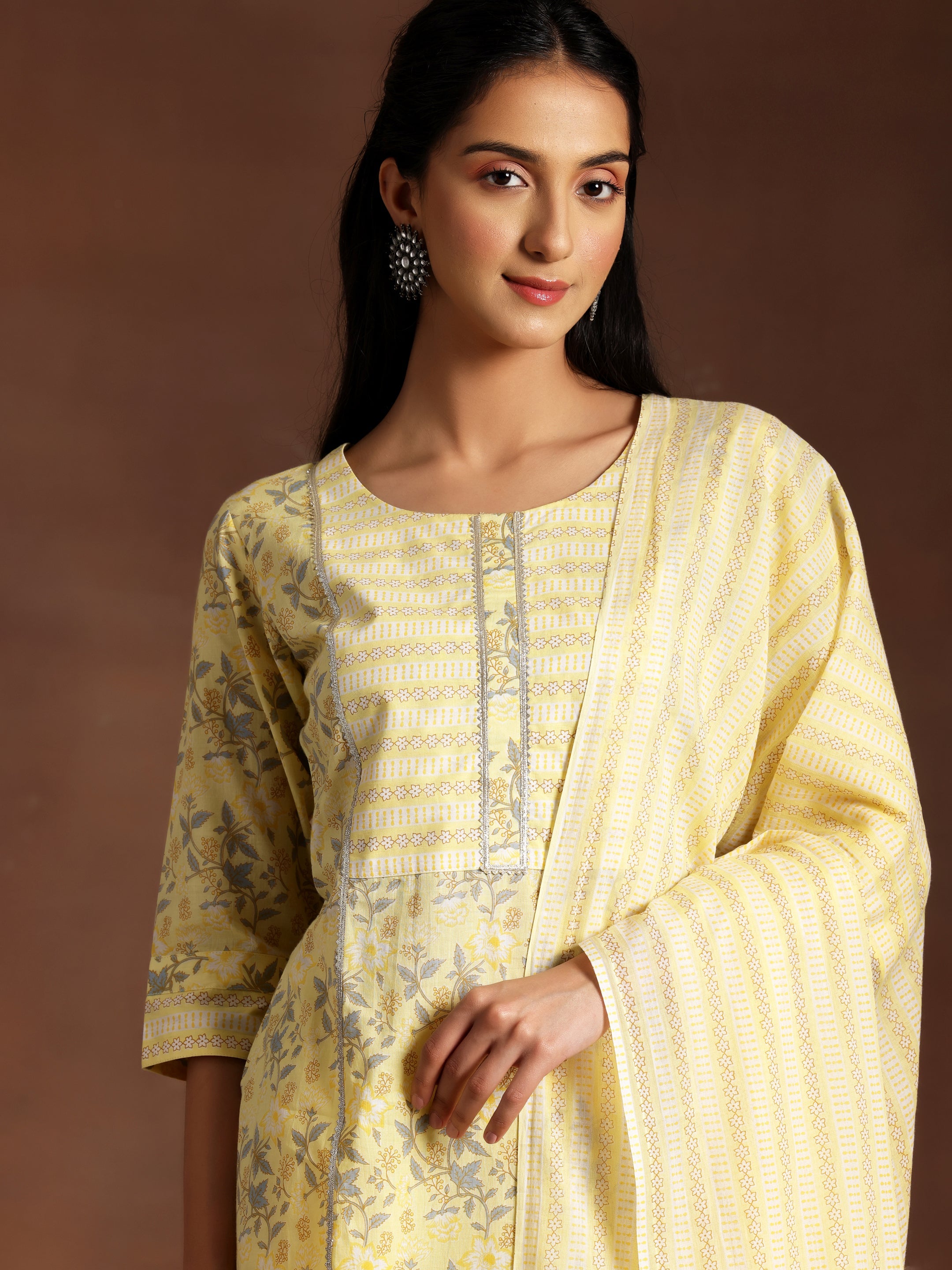 Yellow Printed Cotton Straight Suit With Dupatta