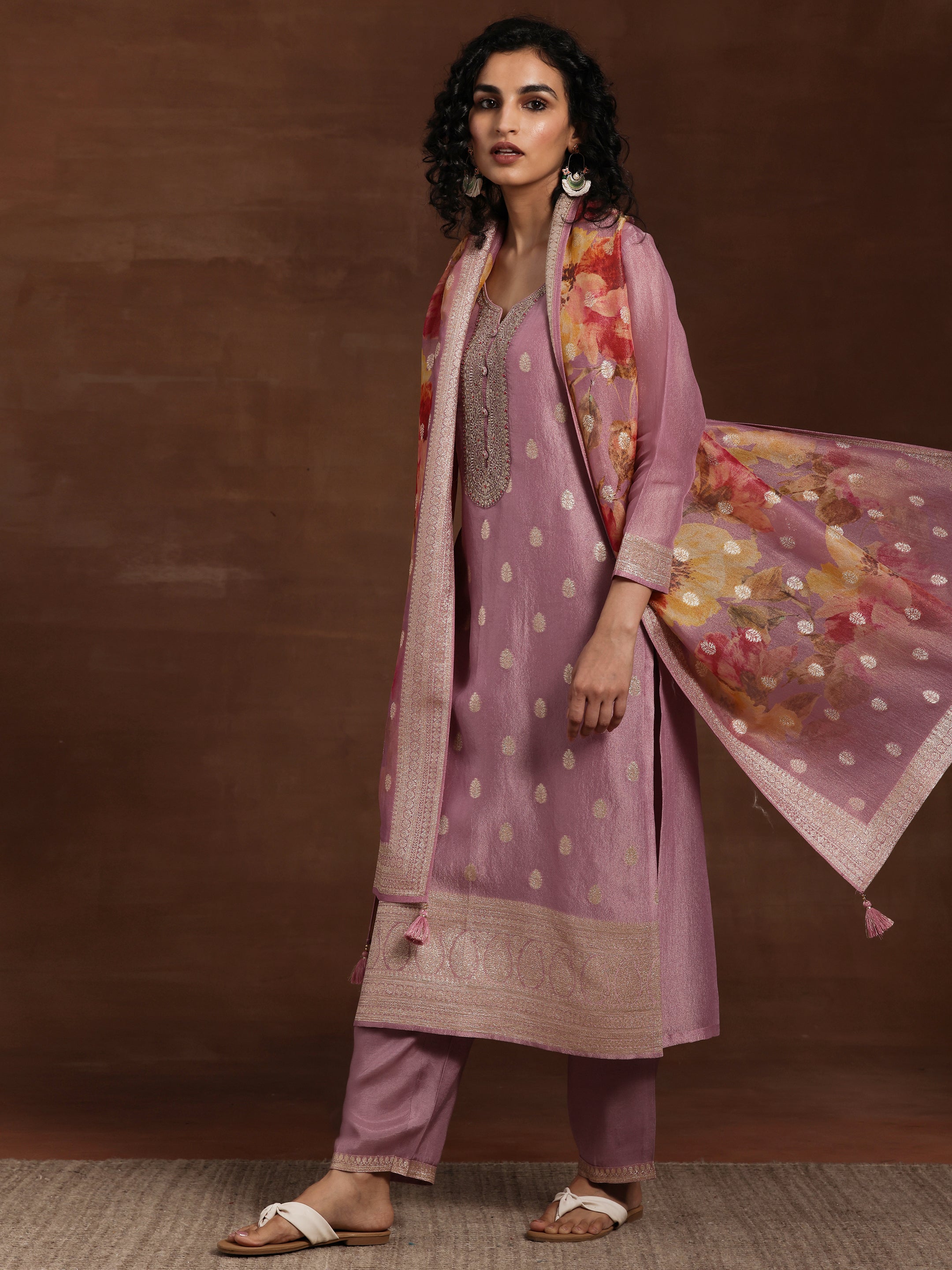 Mauve Woven Design Silk Blend Straight Kurta With Palazzos & Dupatta