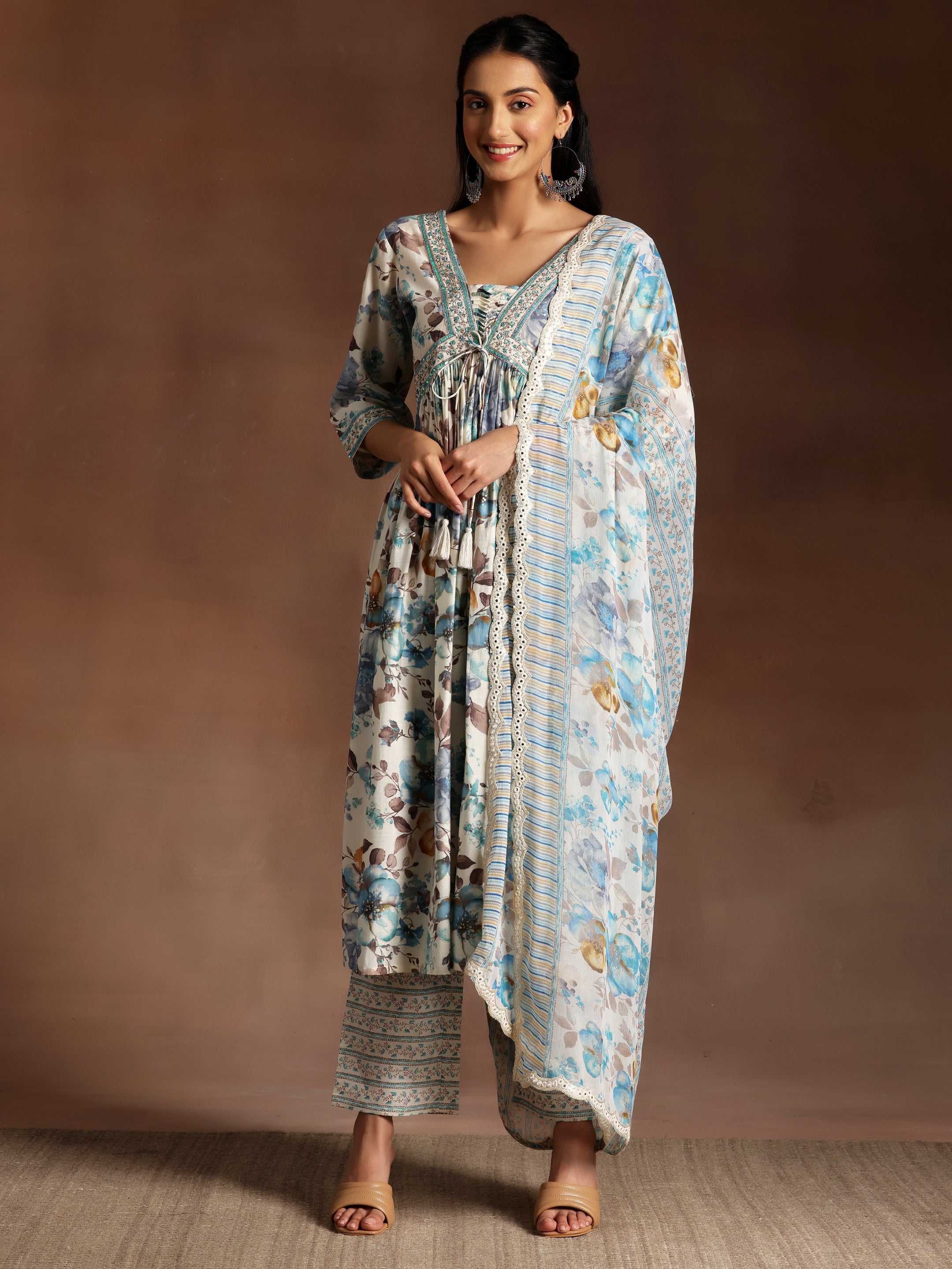 Off white Printed Silk Blend A-Line Kurta With Palazzos & Dupatta