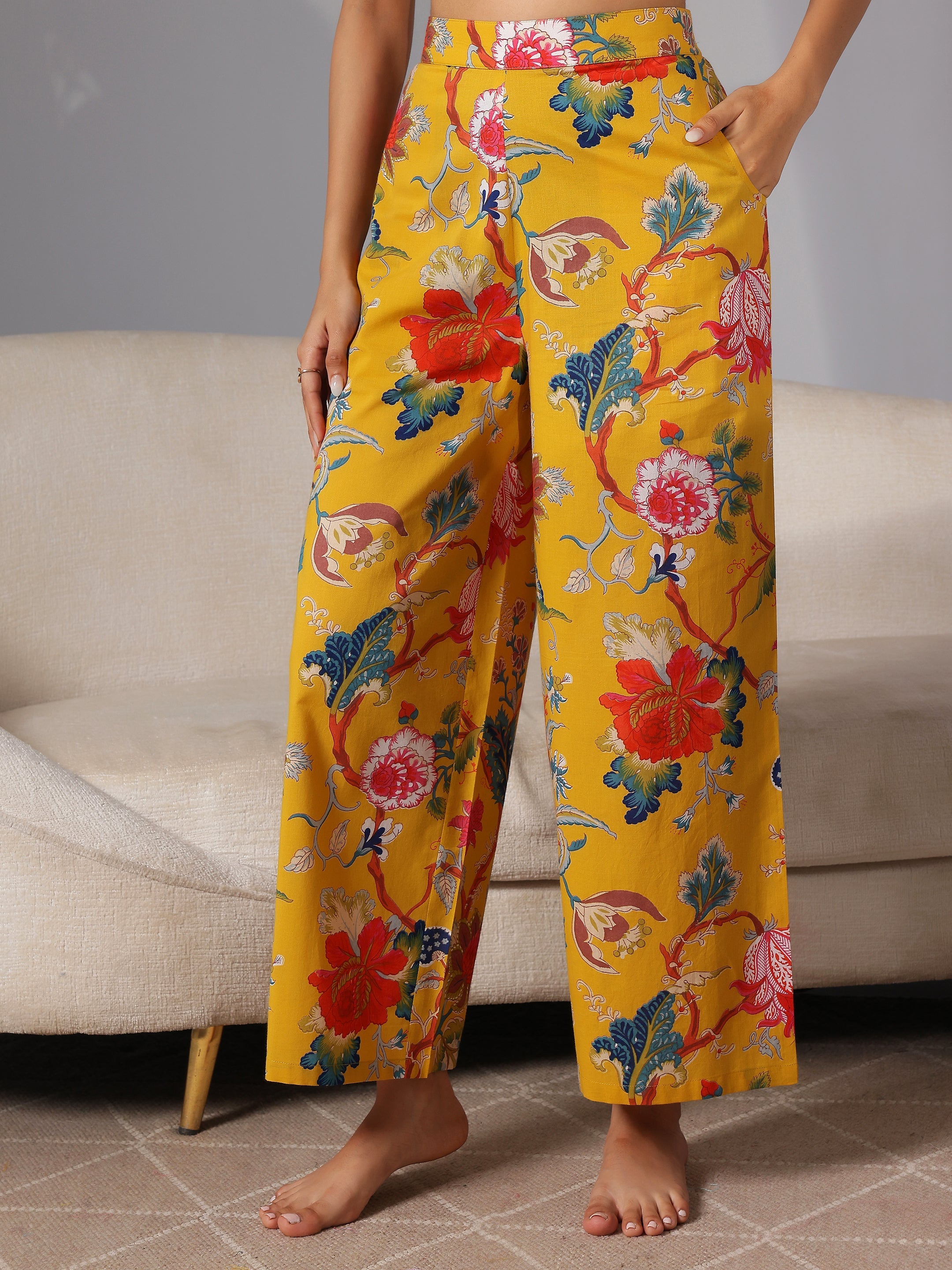 Mustard Printed Cotton Night Suits