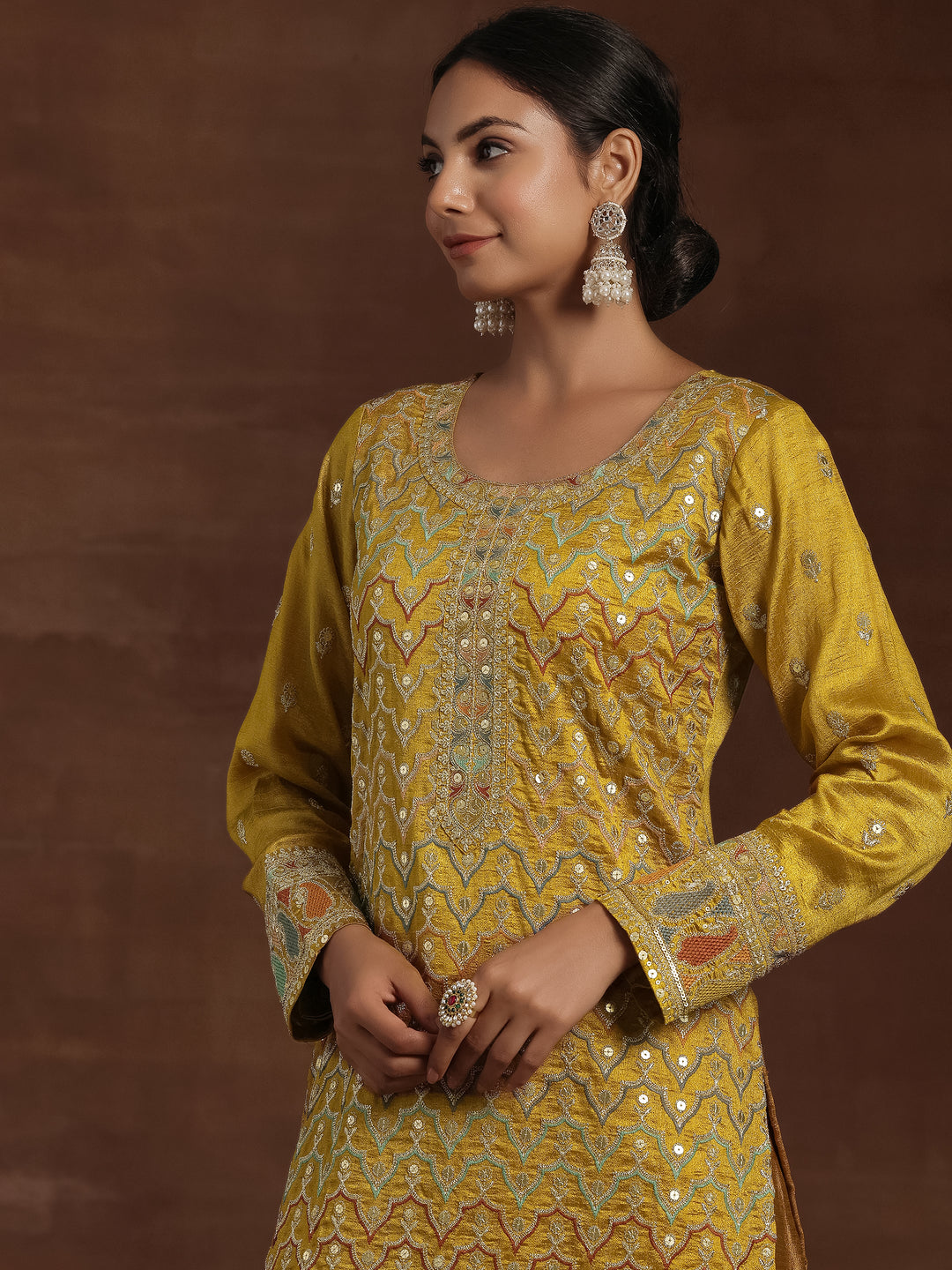 Mustard Embroidered Silk Blend Straight Kurta With Palazzos & Dupatta