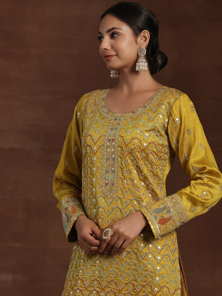 Mustard Embroidered Silk Blend Straight Kurta With Palazzos & Dupatta