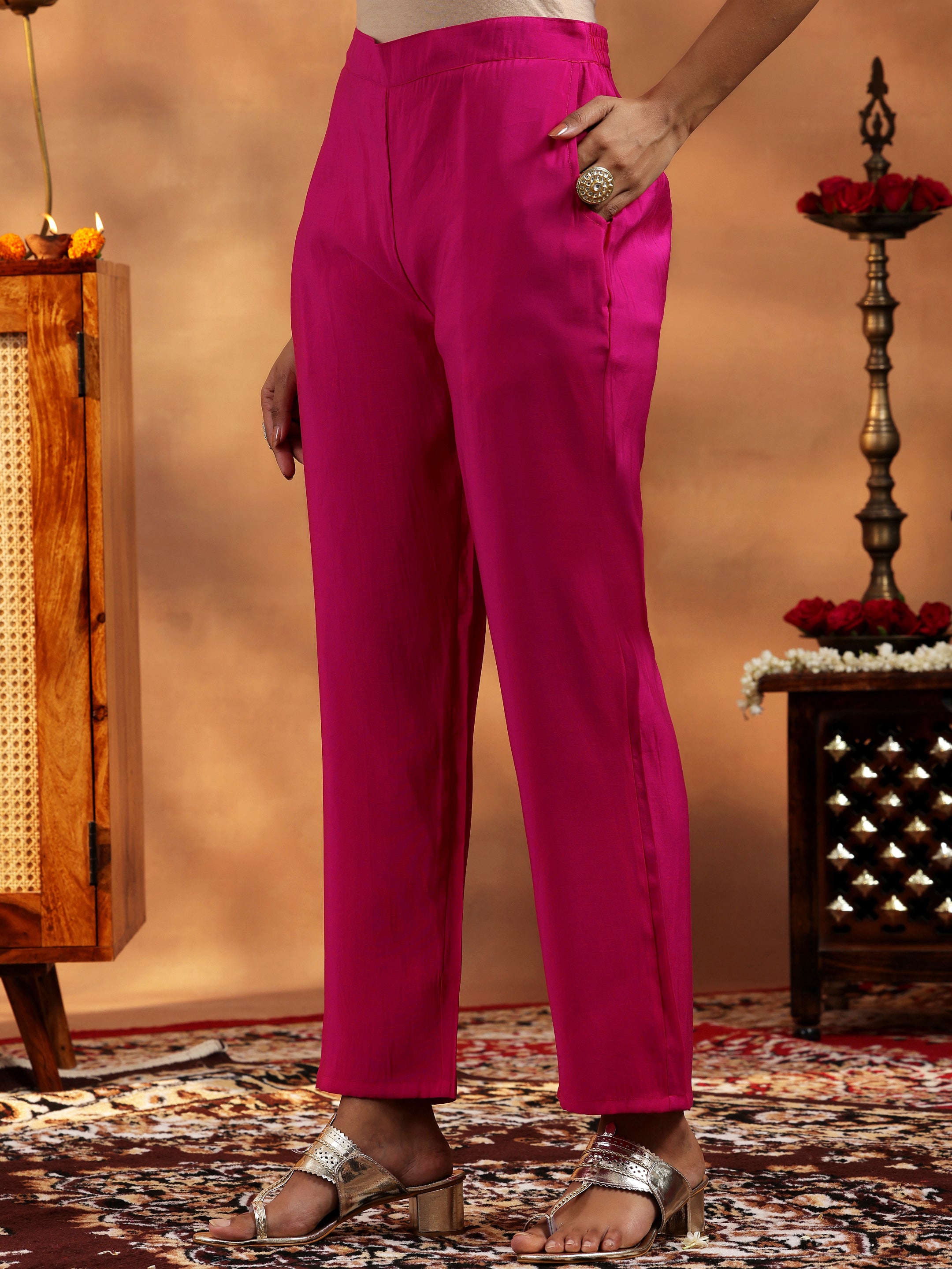 Pink Solid Silk Blend Straight Suit With Dupatta