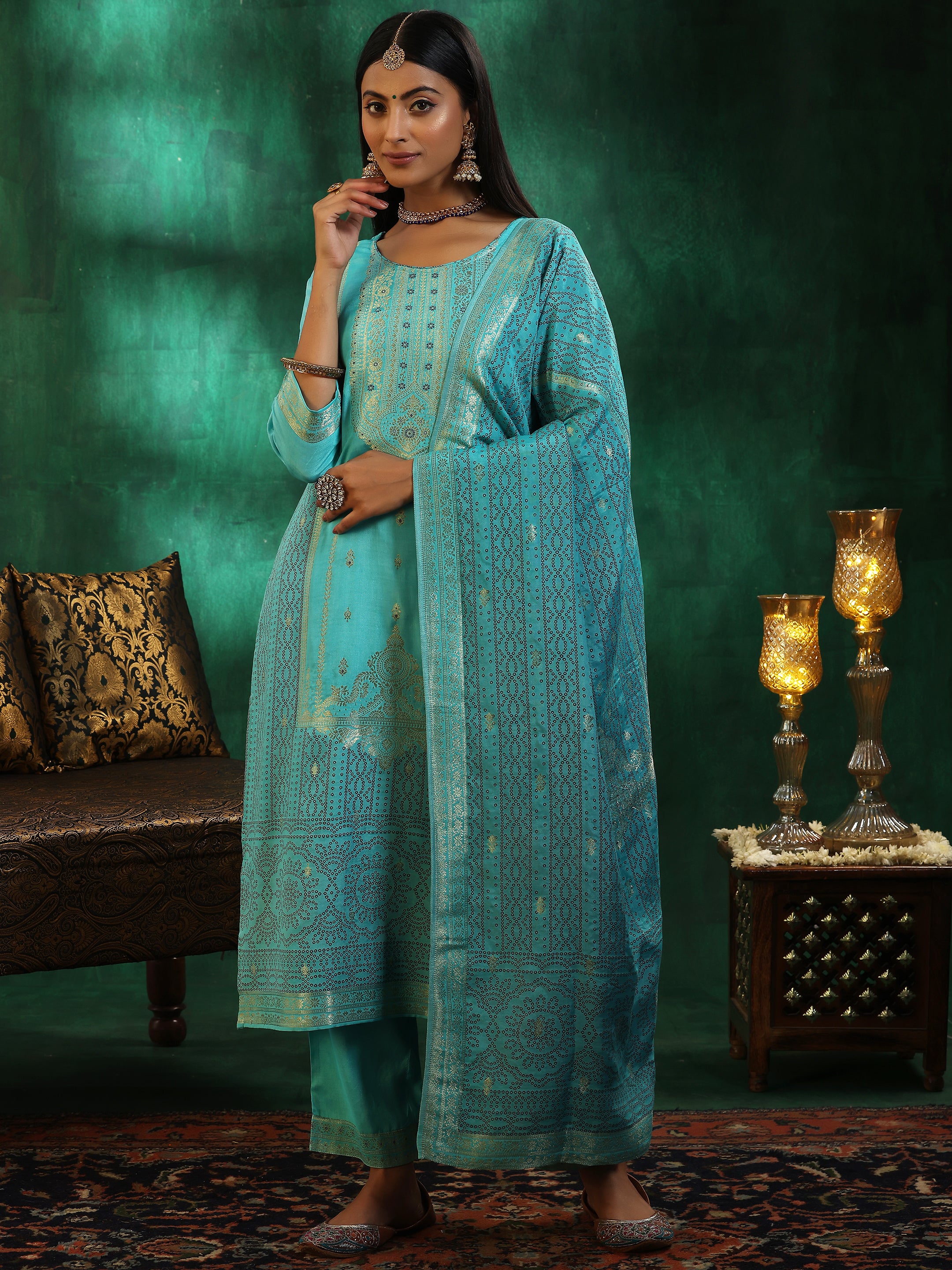 Turquoise Blue Woven Design Silk Blend Straight Suit With Dupatta