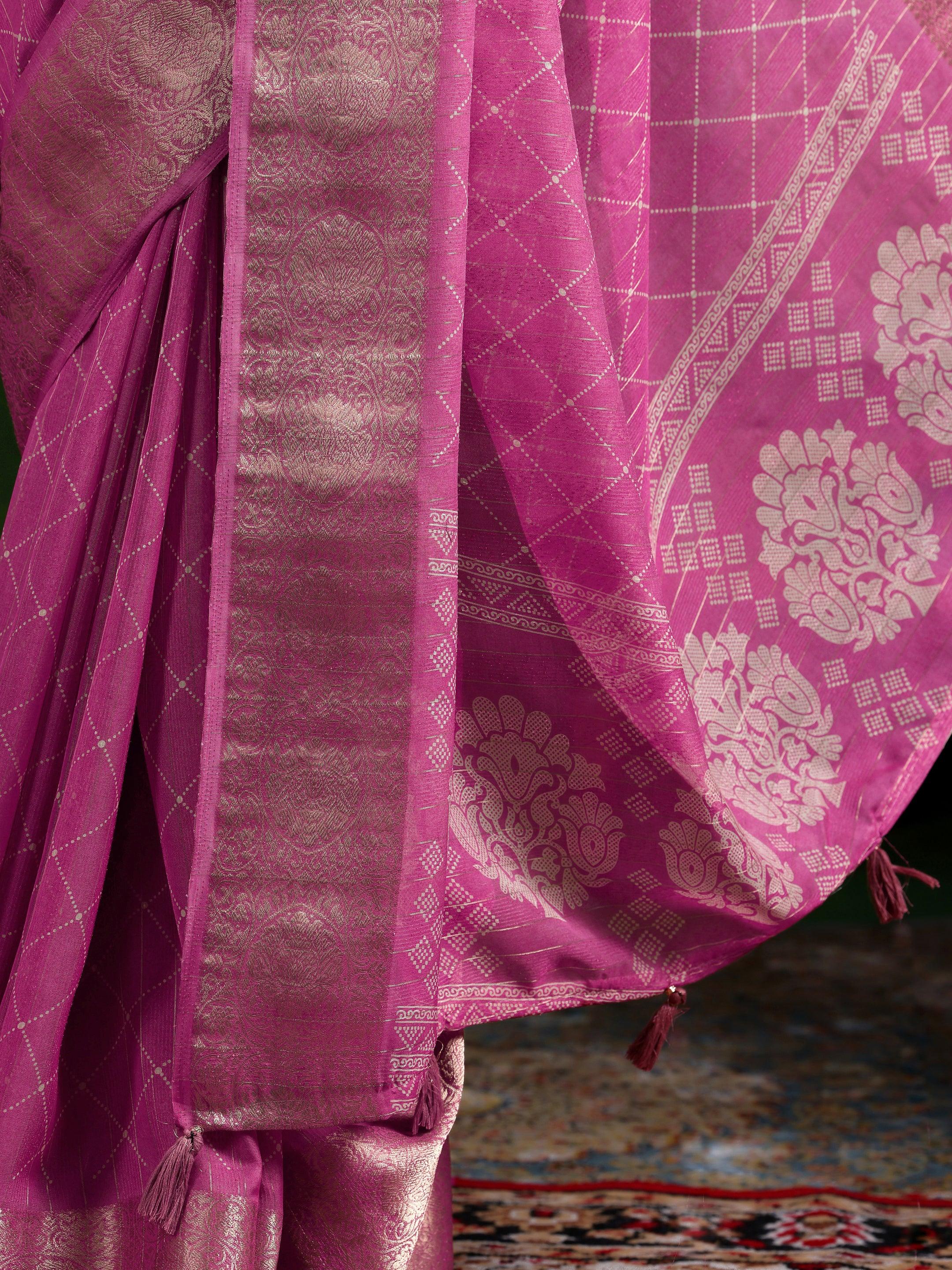 Pink Printed Silk Blend Saree With Unstitched Blouse Piece