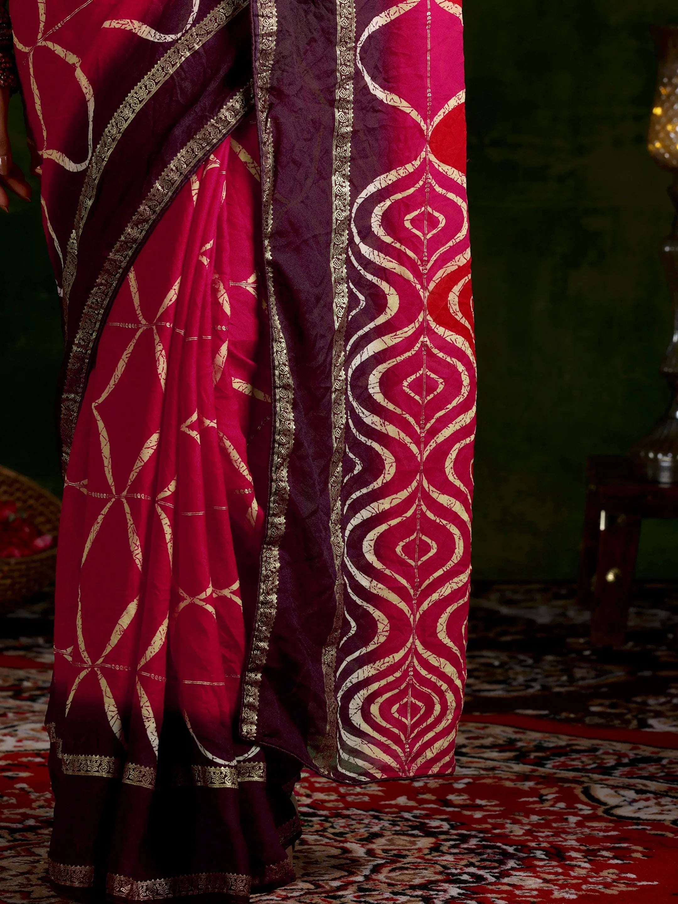 Pink Printed Chiffon Saree With Unstitched Blouse Piece