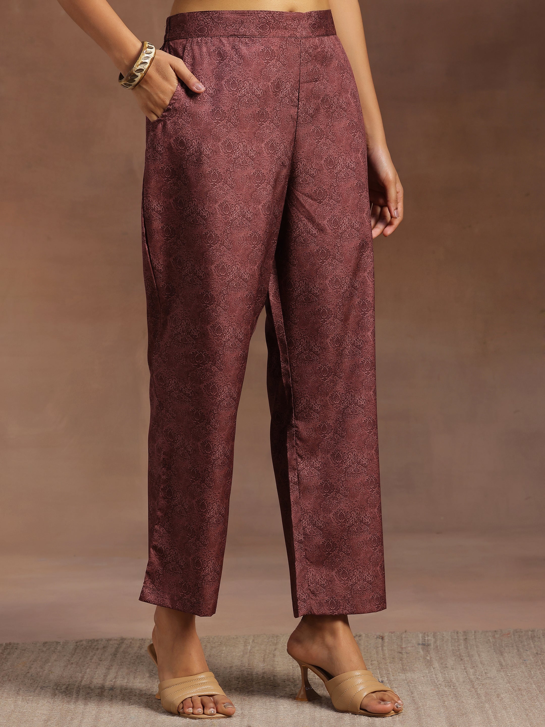 Brown Printed Poly Crepe Straight Kurta With Trousers