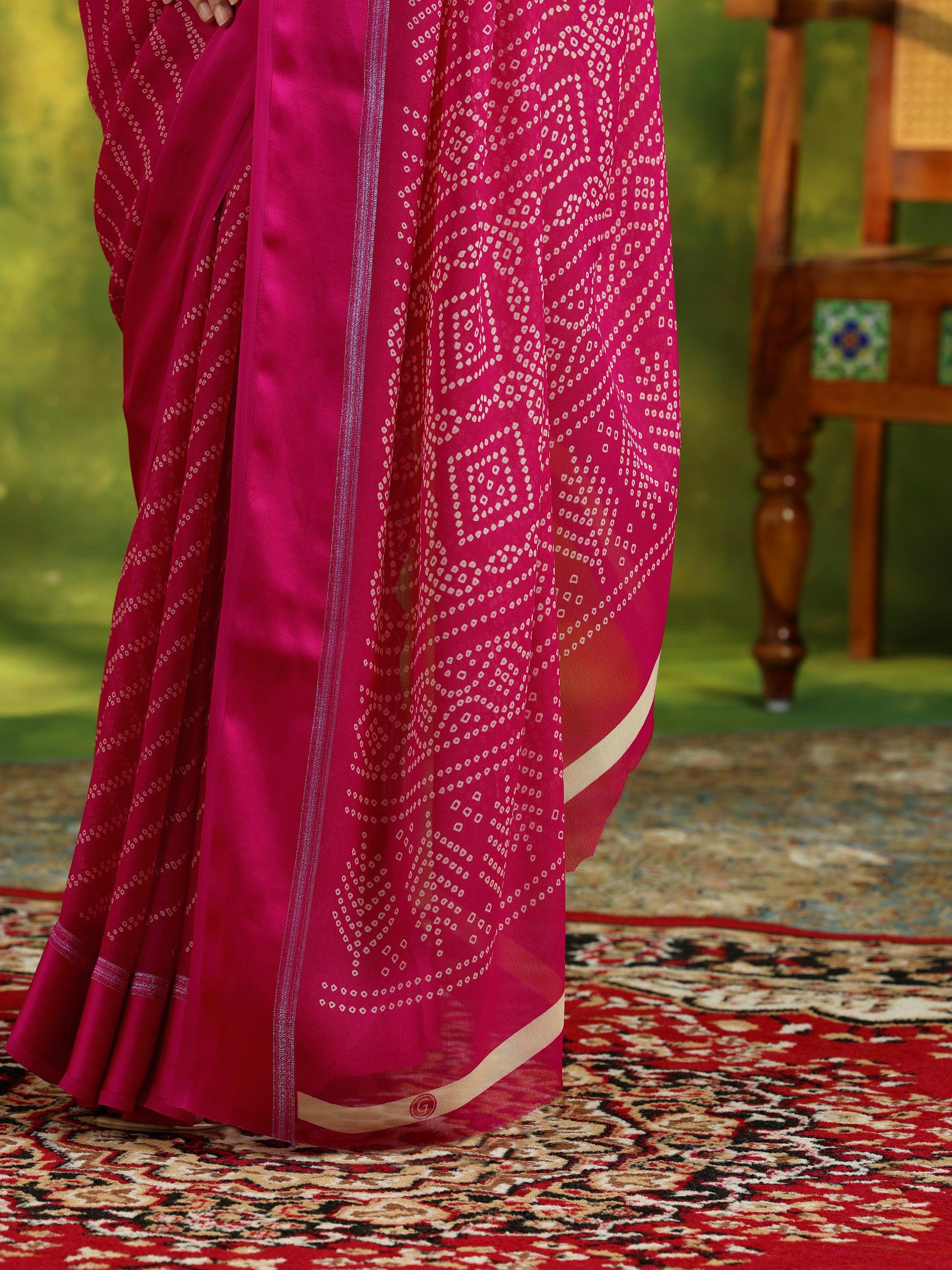 Pink Printed Satin Saree With Unstitched Blouse Piece