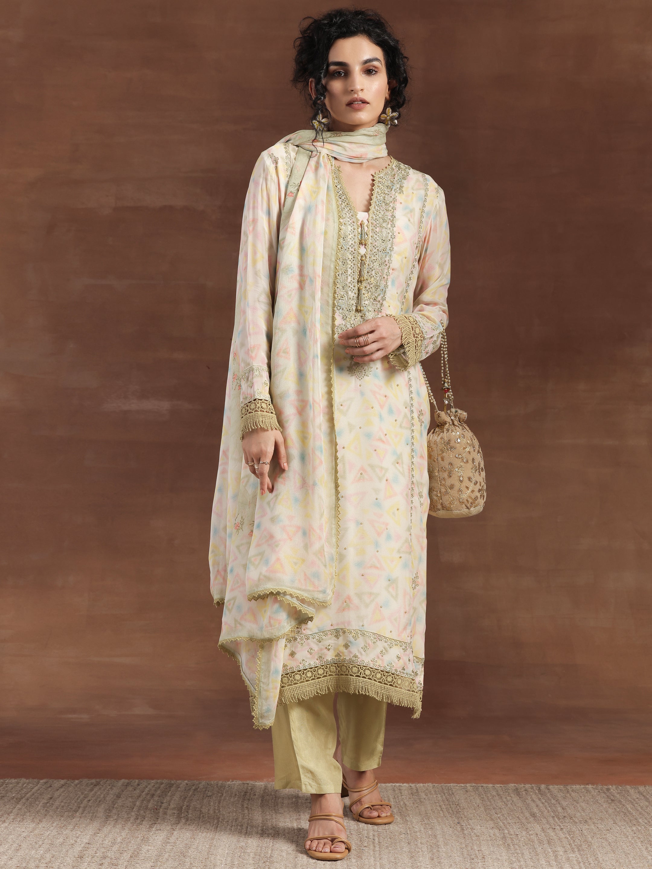 Olive Embroidered Organza Straight Suit With Dupatta